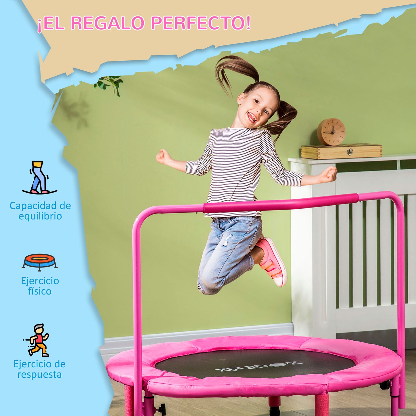 ZONEKIZ 3 en 1 Cama Elástica Infantil Ø66 cm Trampolín para Niños de 1-6 Años con Mango Extraíble Mini Trampolín para Interiores Carga 50 kg Ø96x74 cm Rosa