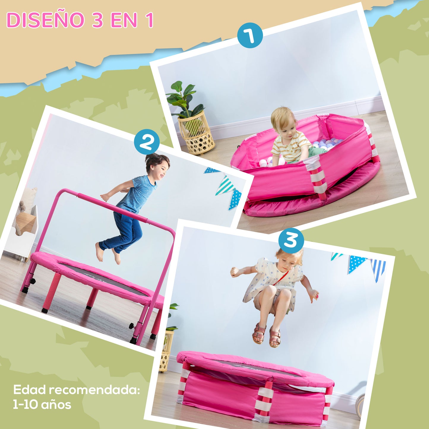 ZONEKIZ 3 en 1 Cama Elástica Infantil Ø66 cm Trampolín para Niños de 1-6 Años con Mango Extraíble Mini Trampolín para Interiores Carga 50 kg Ø96x74 cm Rosa