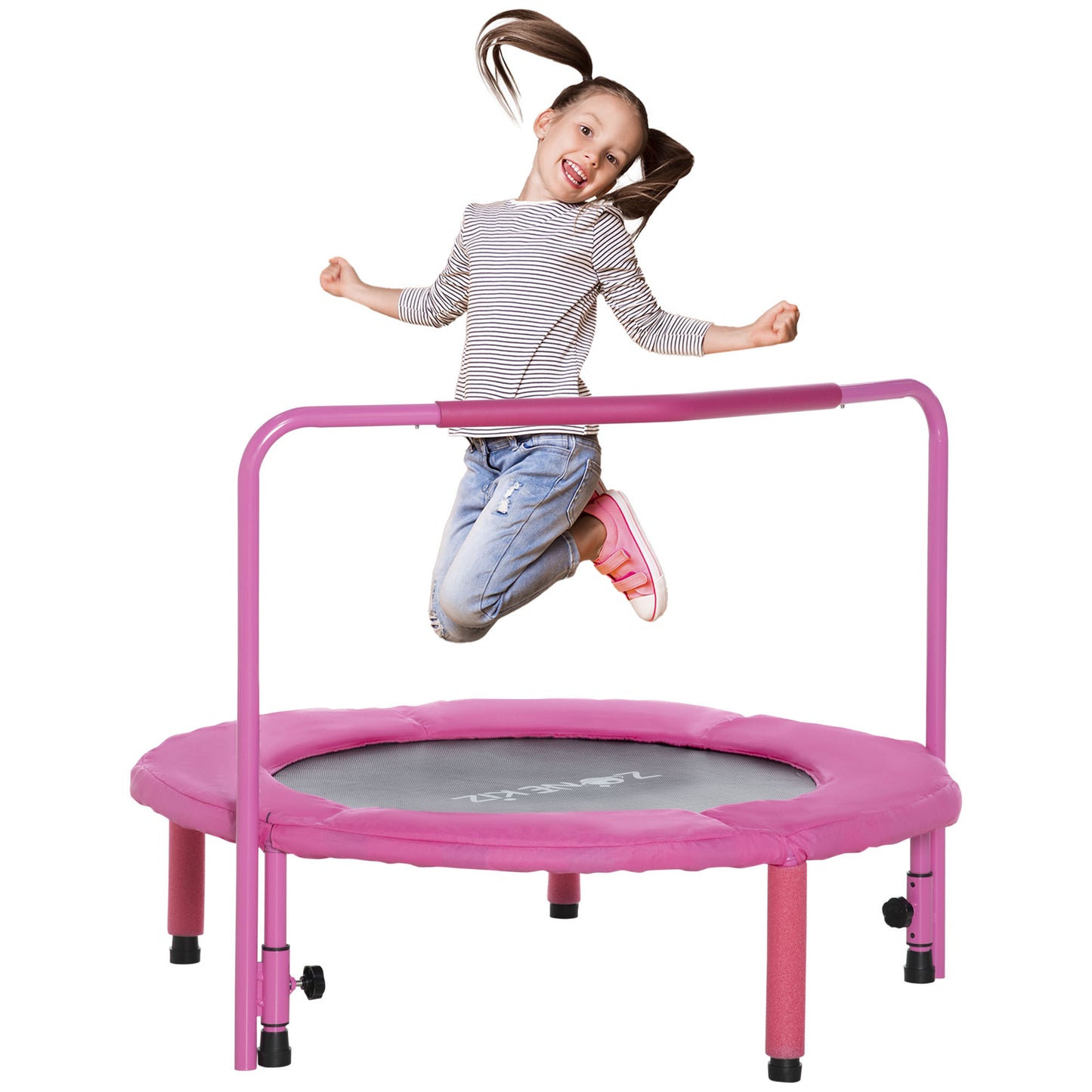 ZONEKIZ 3 en 1 Cama Elástica Infantil Ø66 cm Trampolín para Niños de 1-6 Años con Mango Extraíble Mini Trampolín para Interiores Carga 50 kg Ø96x74 cm Rosa