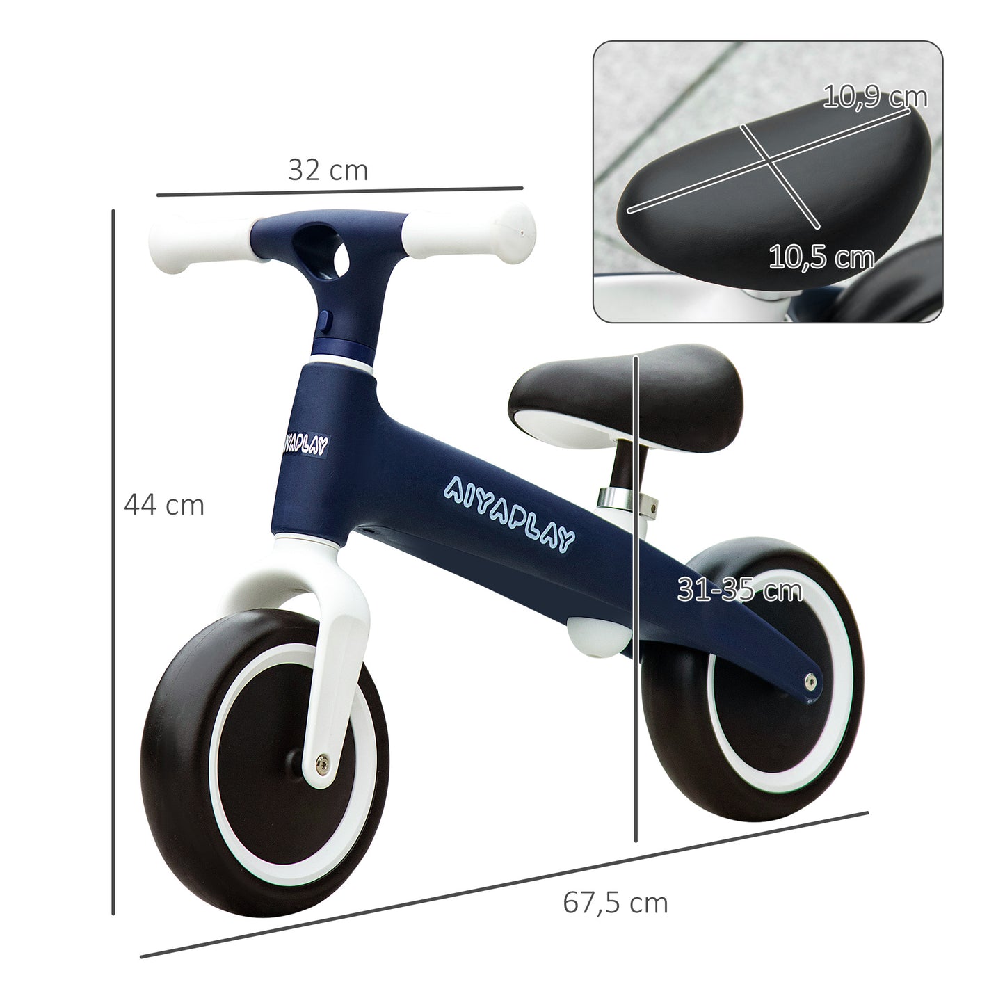 AIYAPLAY Bicicleta sin Pedales para Niños de 18-36 Meses Bicicleta de Equilibrio con Asiento Ajustable en Altura Carga 25 kg 67,5x32x44 cm Azul