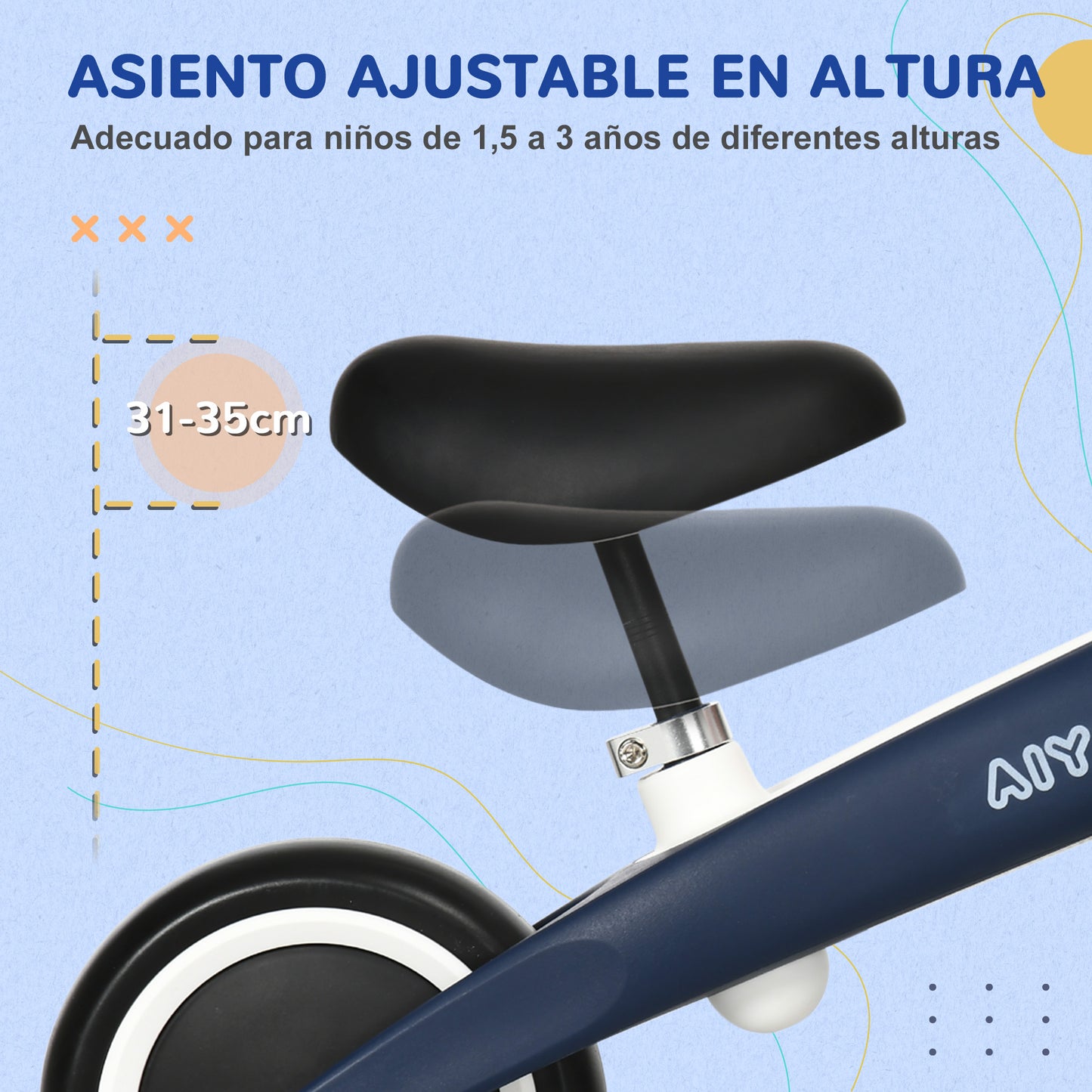 AIYAPLAY Bicicleta sin Pedales para Niños de 18-36 Meses Bicicleta de Equilibrio con Asiento Ajustable en Altura Carga 25 kg 67,5x32x44 cm Azul