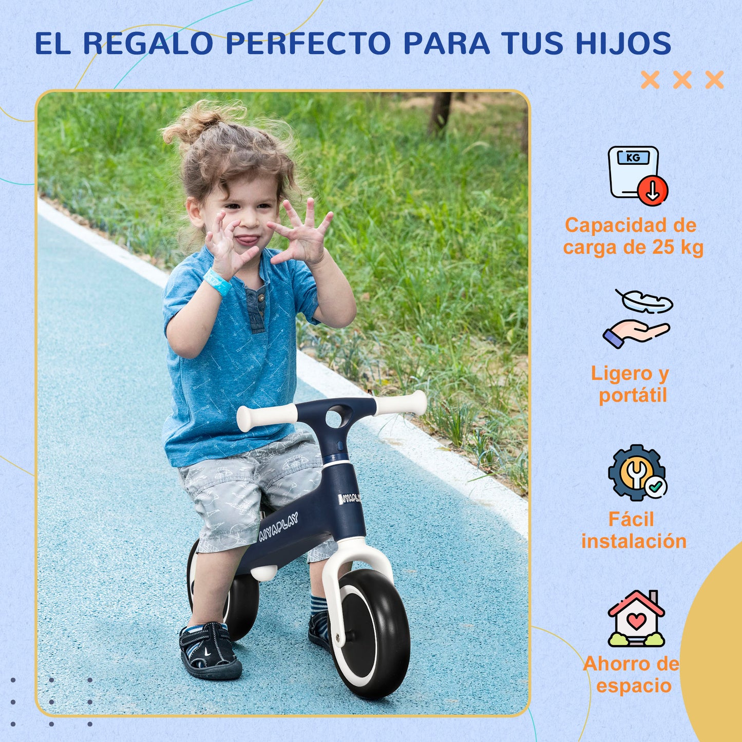 AIYAPLAY Bicicleta sin Pedales para Niños de 18-36 Meses Bicicleta de Equilibrio con Asiento Ajustable en Altura Carga 25 kg 67,5x32x44 cm Azul