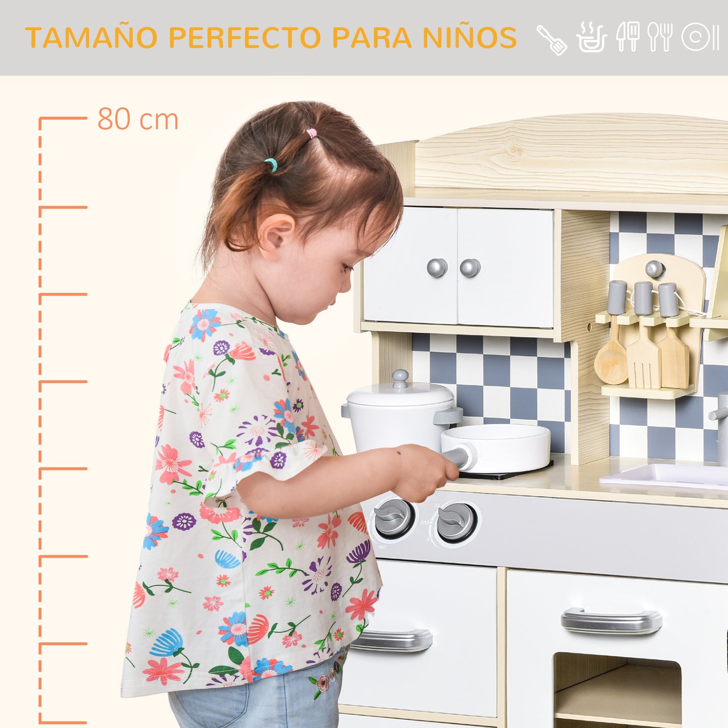 HOMCOM Cocina de Juguete de Madera para Niños +3 Años con 5 Accesorios Cocinita Infantil con 2 Armarios 2 Cajones Grifo Simulado y Soporte para Papel 54,5x29x80 cm Natural