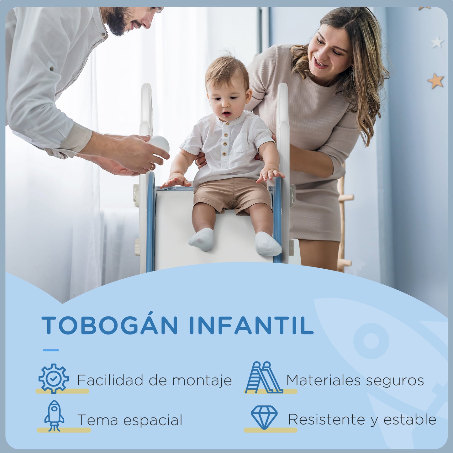 AIYAPLAY Tobogán Infantil Tobogán para Niños de 18-36 Meses con 3 Escaleras Antideslizantes Carga 30 kg para Interior Hogar 157x46,5x80 cm Azul y Gris