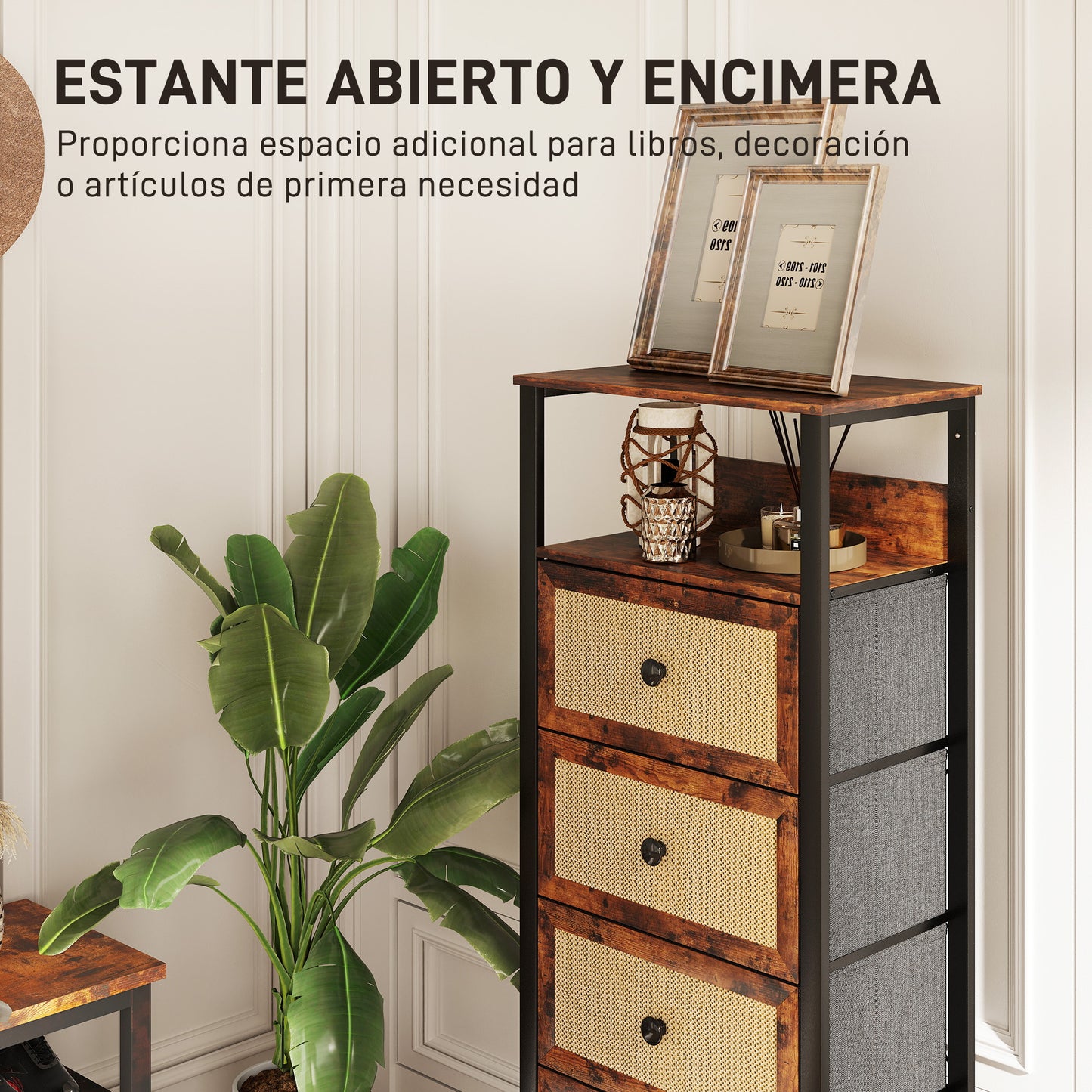 HOMCOM Cajonera de Tela Cómoda para Dormitorio con 4 Cajones con Frentes de Ratán y Marco de Acero Mueble Organizador para Sala de Estar 50x30x126 cm Marrón Rústico