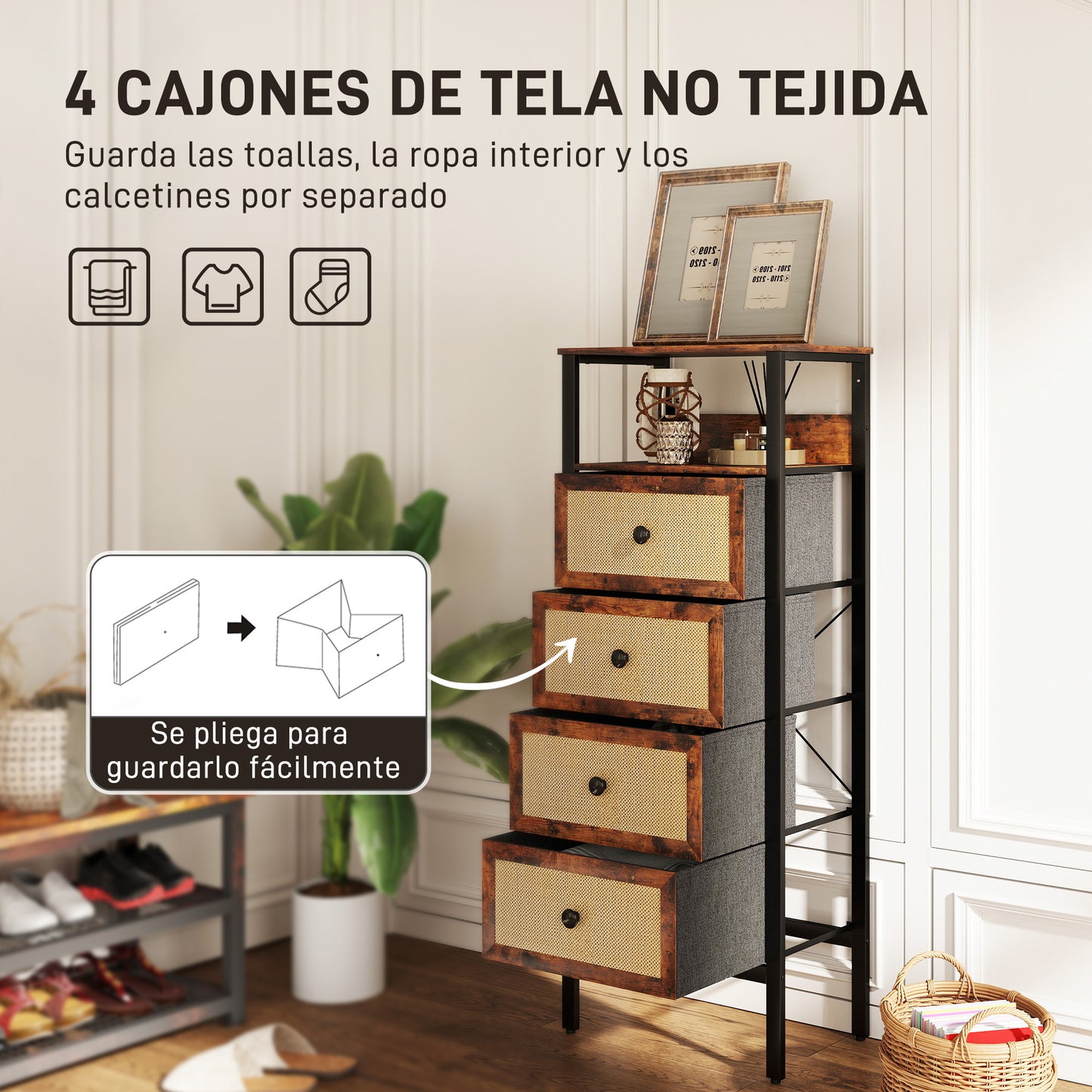 HOMCOM Cajonera de Tela Cómoda para Dormitorio con 4 Cajones con Frentes de Ratán y Marco de Acero Mueble Organizador para Sala de Estar 50x30x126 cm Marrón Rústico