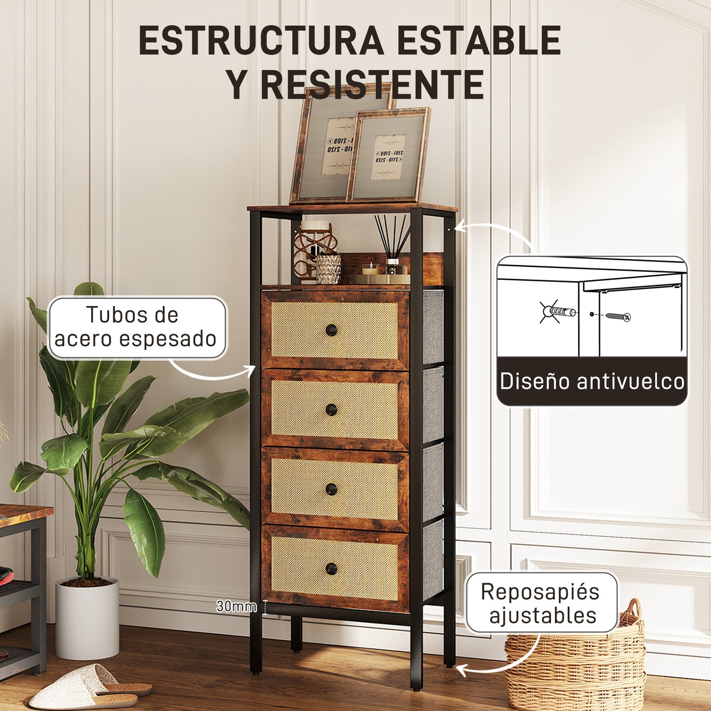 HOMCOM Cajonera de Tela Cómoda para Dormitorio con 4 Cajones con Frentes de Ratán y Marco de Acero Mueble Organizador para Sala de Estar 50x30x126 cm Marrón Rústico