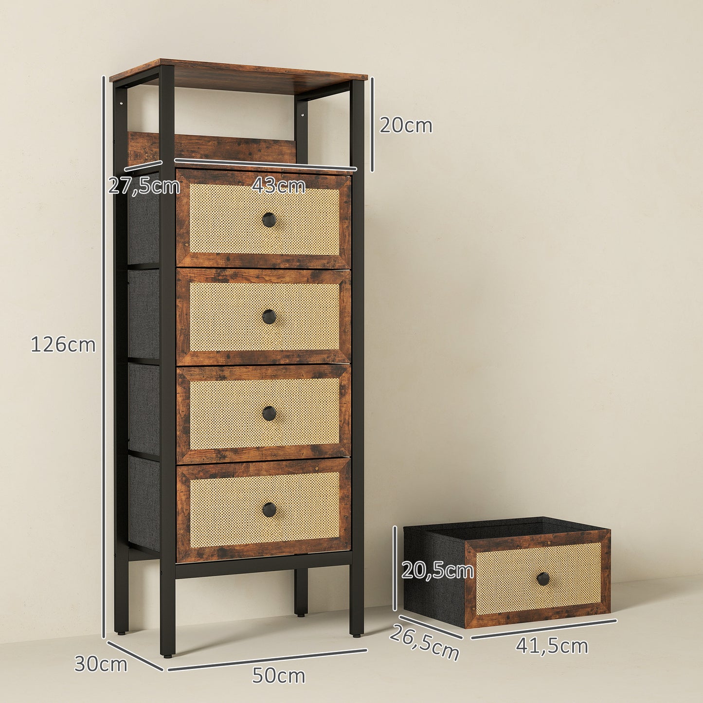 HOMCOM Cajonera de Tela Cómoda para Dormitorio con 4 Cajones con Frentes de Ratán y Marco de Acero Mueble Organizador para Sala de Estar 50x30x126 cm Marrón Rústico