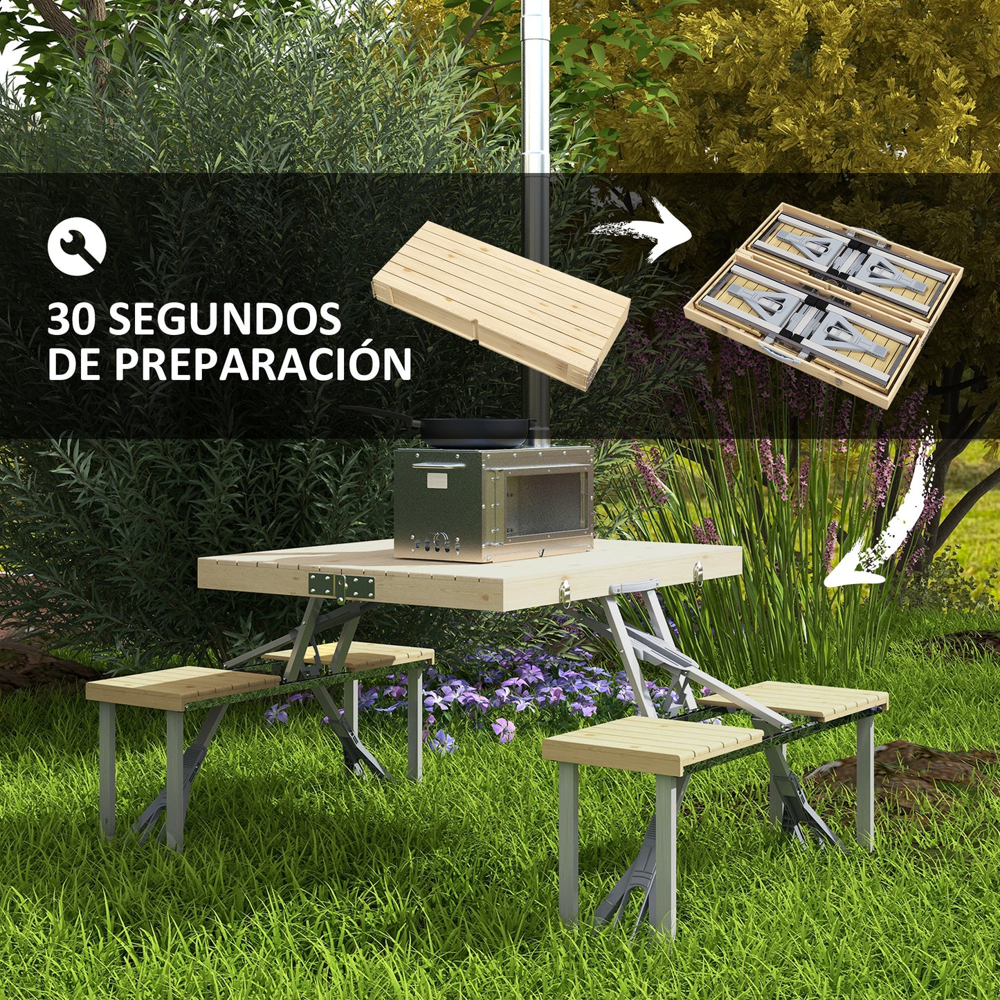 Outsunny Mesa de Camping Plegable 86x72,5x67 cm Mesa de Playa con Asientos Orificio para Sombrilla y Marco de Aluminio para Patio Jardín Terraza Natural