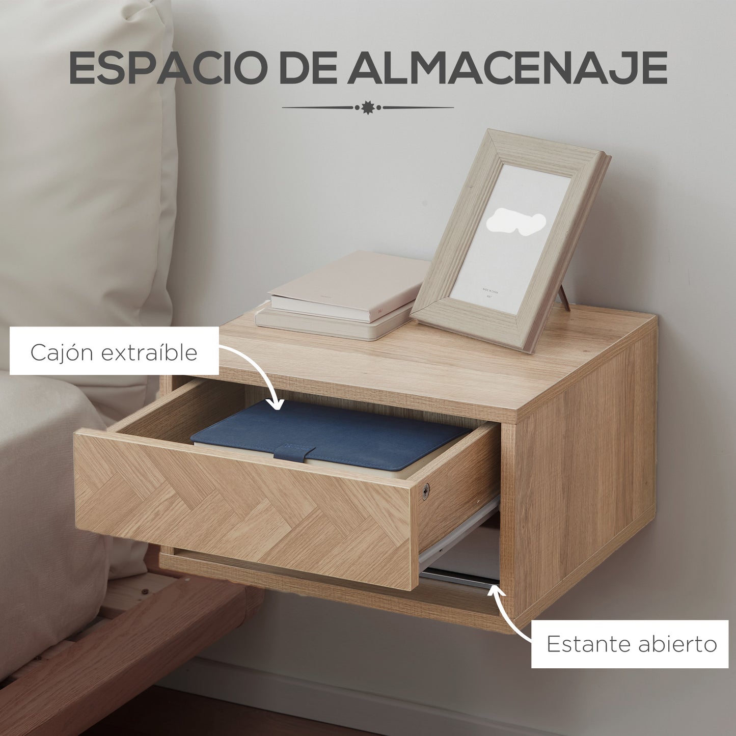 HOMCOM Juego de 2 Mesitas de Noche Flotantes Mesillas de Noche Mesas de Noche con Cajón para Dormitorio Salón 37x32x21 cm Natural