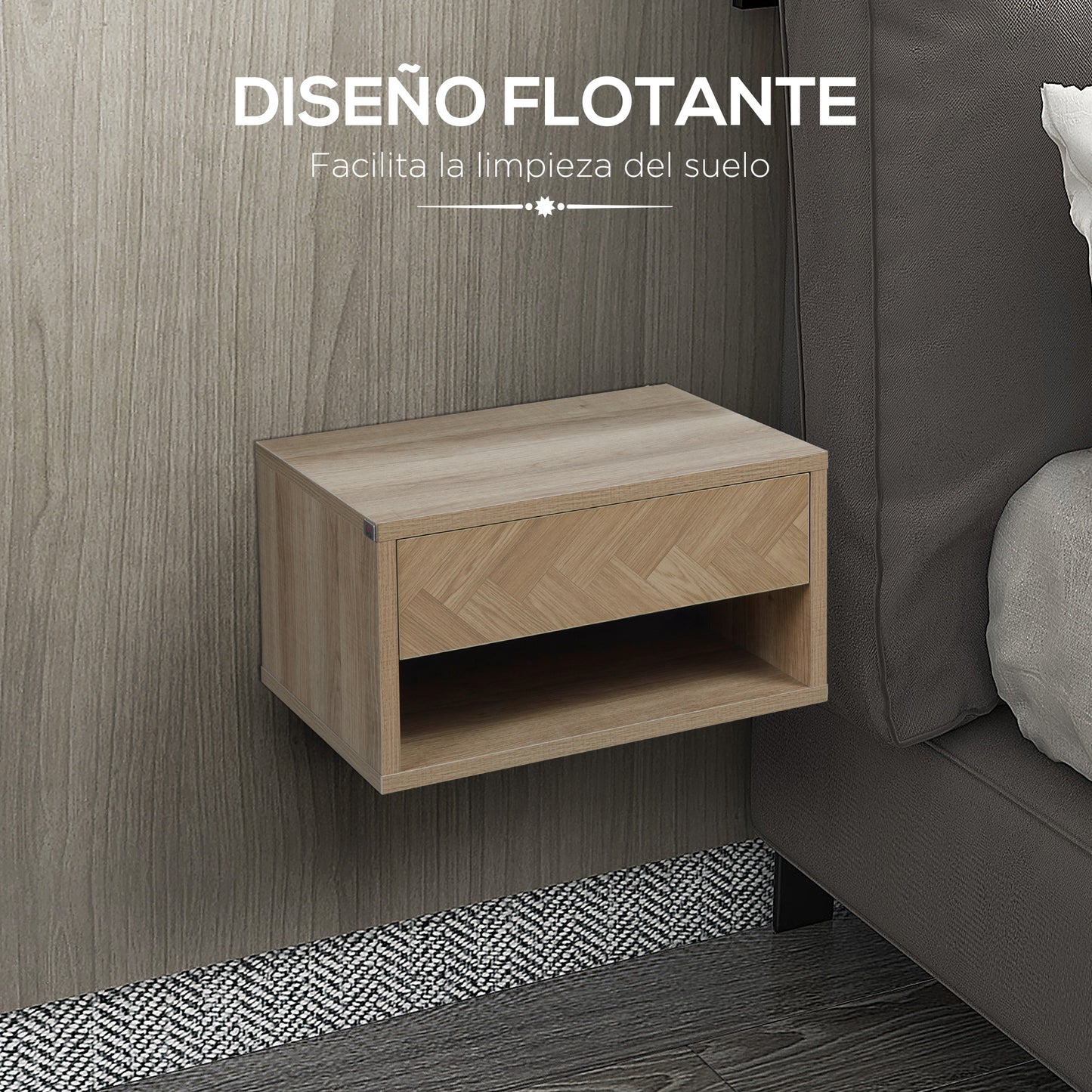 HOMCOM Juego de 2 Mesitas de Noche Flotantes Mesillas de Noche Mesas de Noche con Cajón para Dormitorio Salón 37x32x21 cm Natural