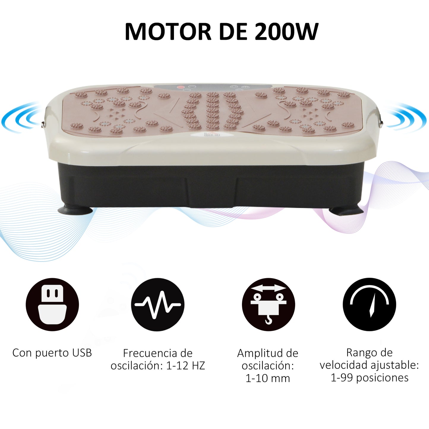 HOMCOM Placa de Vibración Plataforma Máquina de Drenaje Linfático para Pérdida de Peso con 2 Bandas Elásticas 200W Control Remoto 99 Velocidades USB Pantalla LED para Casa 54x33x14 cm Café y Negro