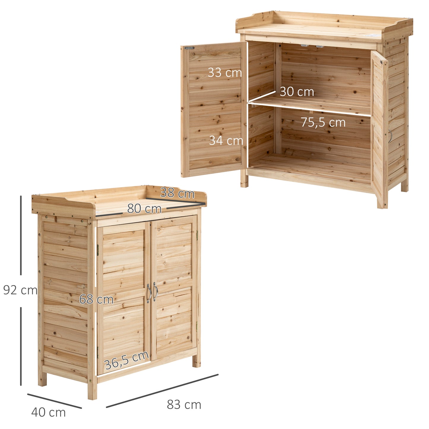 Outsunny Armario de Jardín de Madera Cobertizo Exterior Cobertizo para Almacenaje con 2 Puertas Estante y Patas Elevadas para Terraza Patio 83x40x92 cm Natural