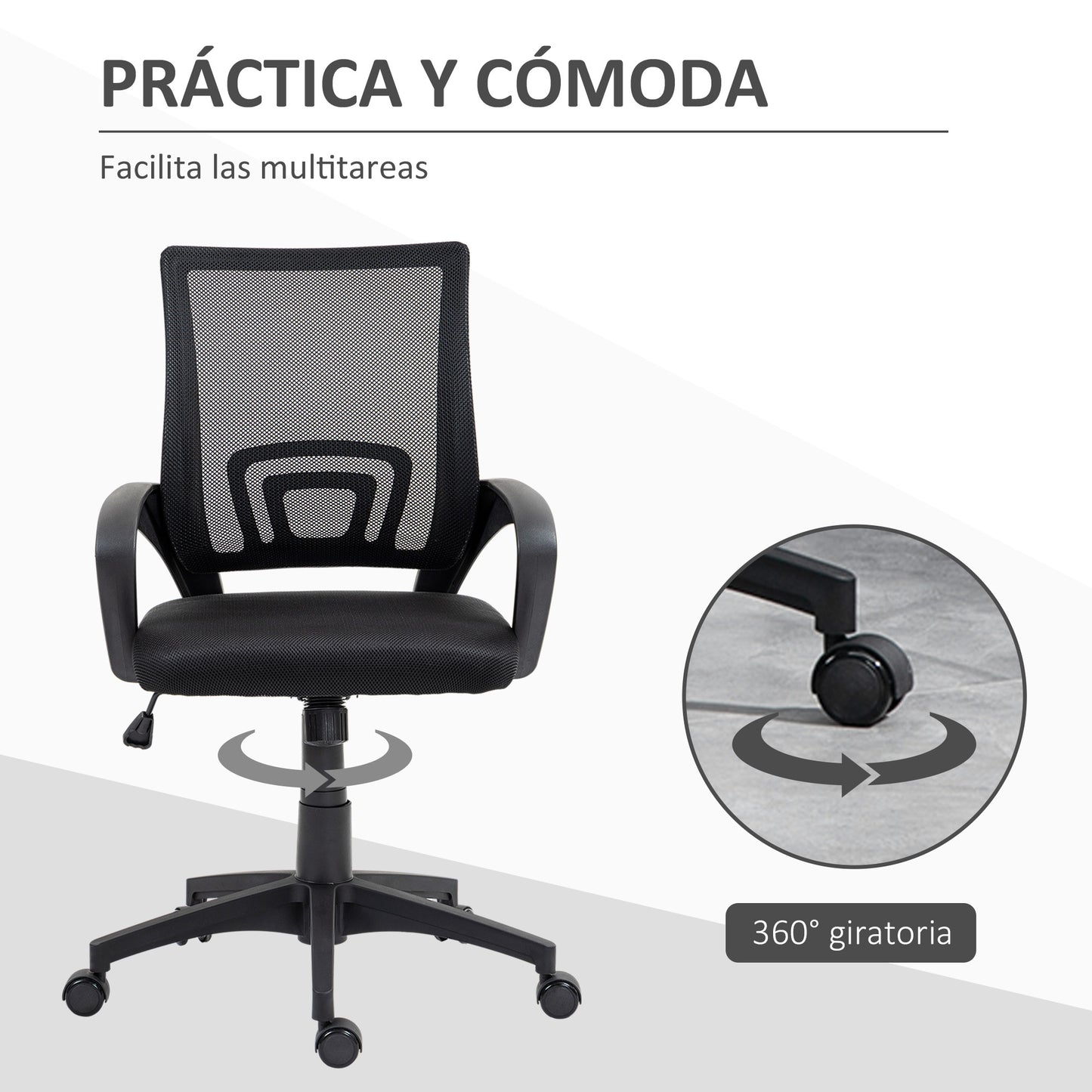 HOMCOM Silla de Oficina de Malla Silla de Escritorio Giratoria con Altura Ajustable Función de Basculante Soporte Lumbar y Reposabrazos Silla para Estudio Carga 120 kg Negro