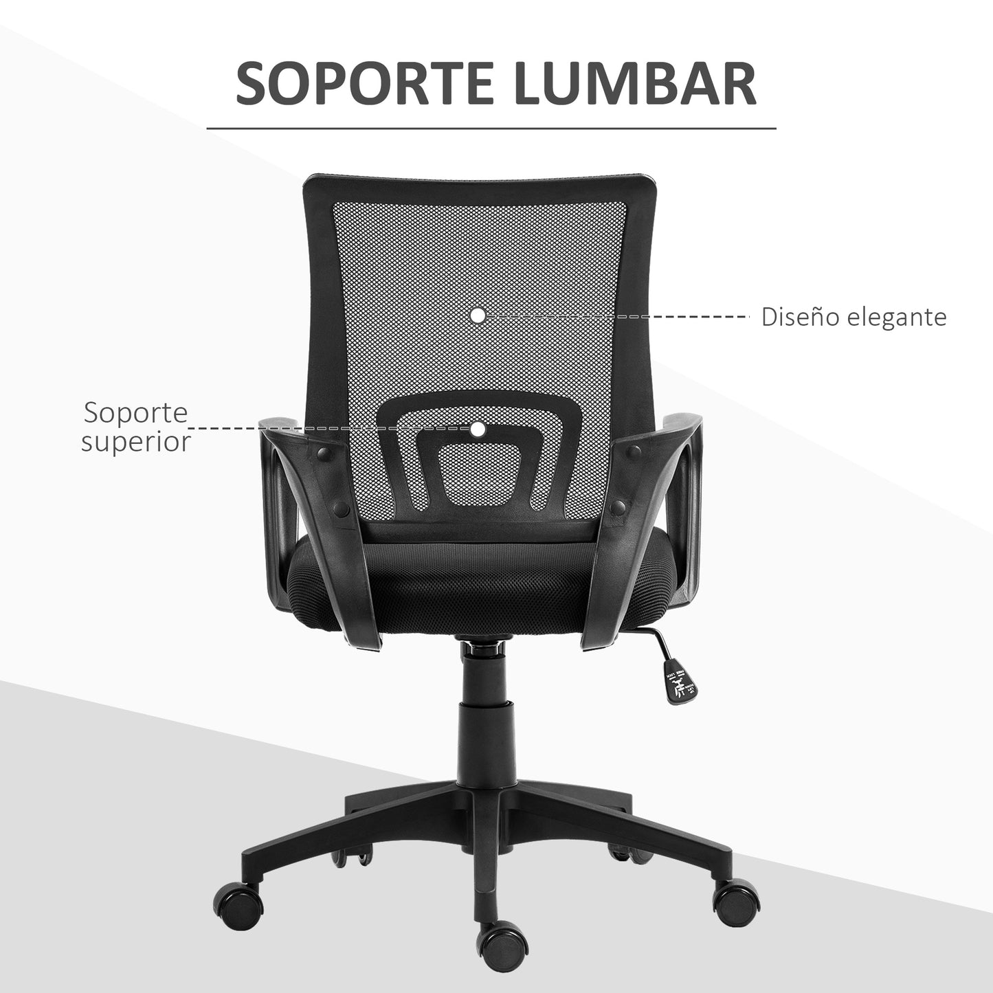 HOMCOM Silla de Oficina de Malla Silla de Escritorio Giratoria con Altura Ajustable Función de Basculante Soporte Lumbar y Reposabrazos Silla para Estudio Carga 120 kg Negro