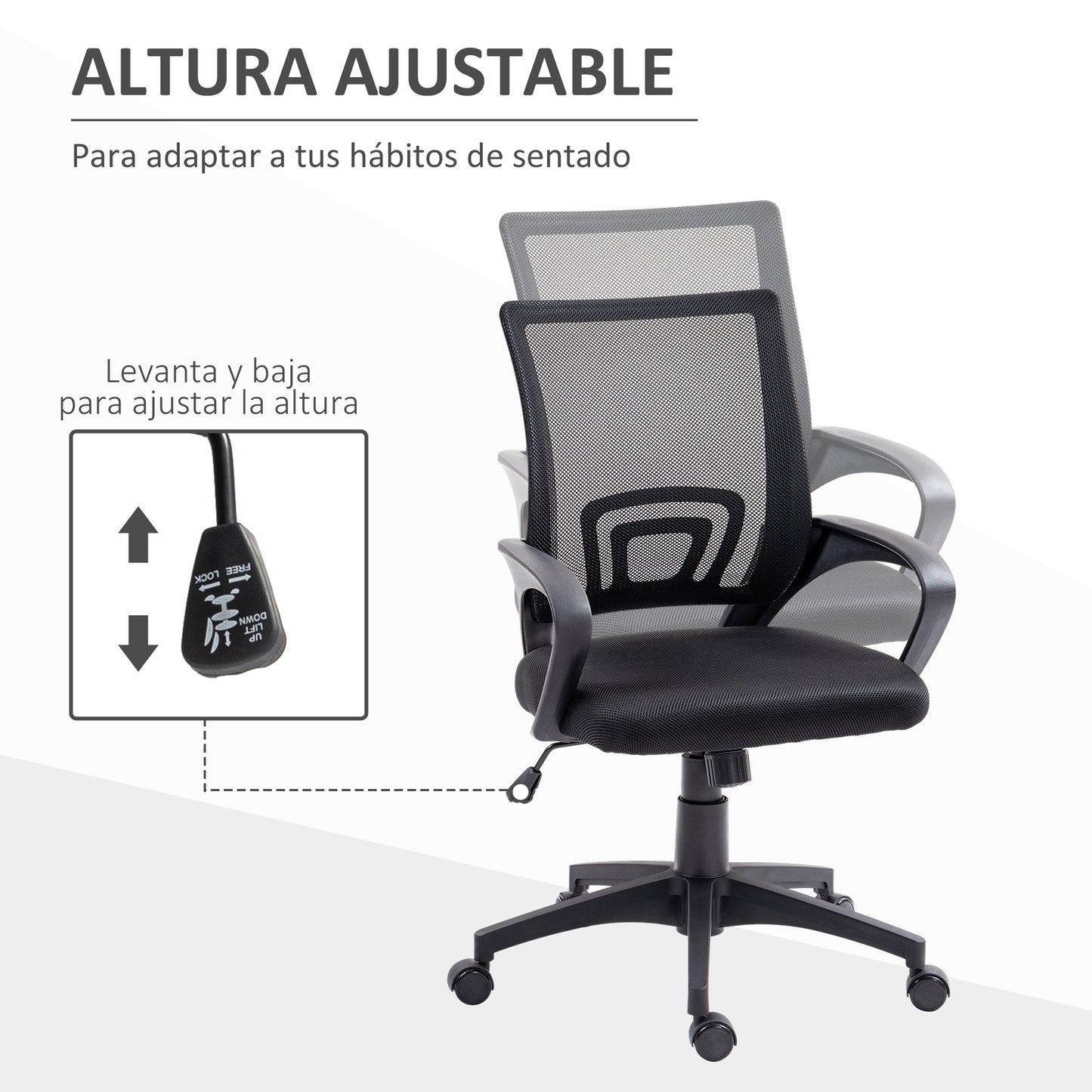 HOMCOM Silla de Oficina de Malla Silla de Escritorio Giratoria con Altura Ajustable Función de Basculante Soporte Lumbar y Reposabrazos Silla para Estudio Carga 120 kg Negro