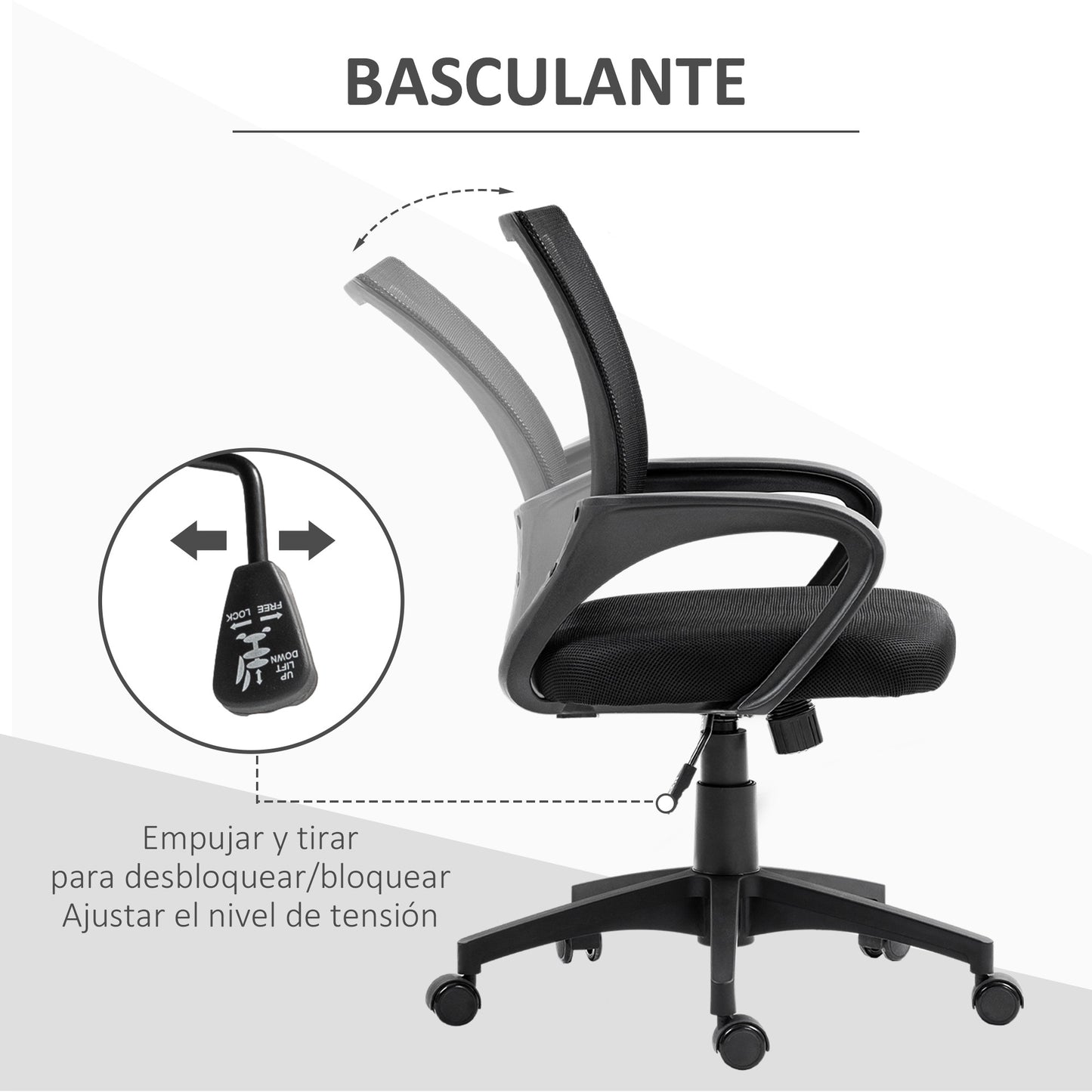 HOMCOM Silla de Oficina de Malla Silla de Escritorio Giratoria con Altura Ajustable Función de Basculante Soporte Lumbar y Reposabrazos Silla para Estudio Carga 120 kg Negro