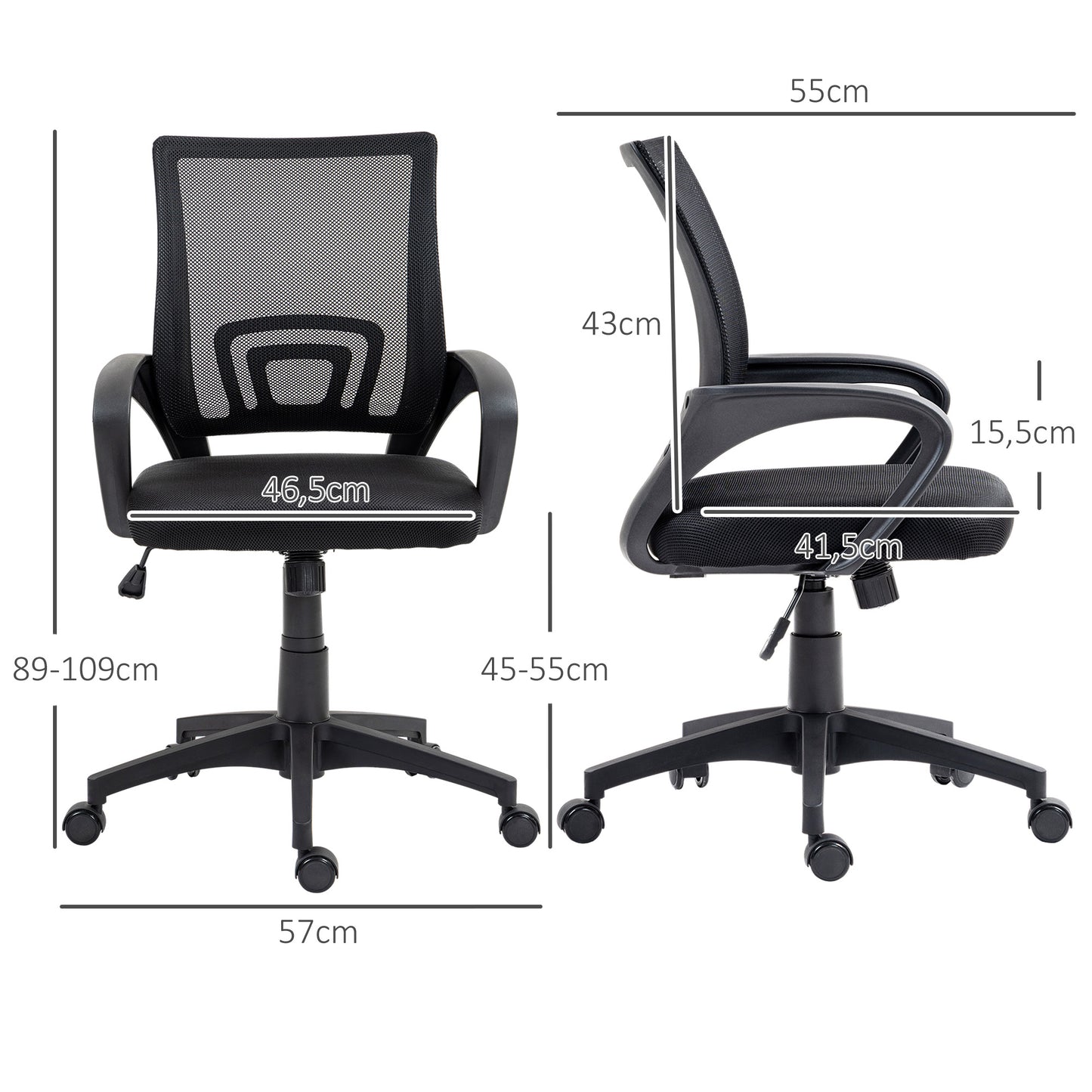 HOMCOM Silla de Oficina de Malla Silla de Escritorio Giratoria con Altura Ajustable Función de Basculante Soporte Lumbar y Reposabrazos Silla para Estudio Carga 120 kg Negro