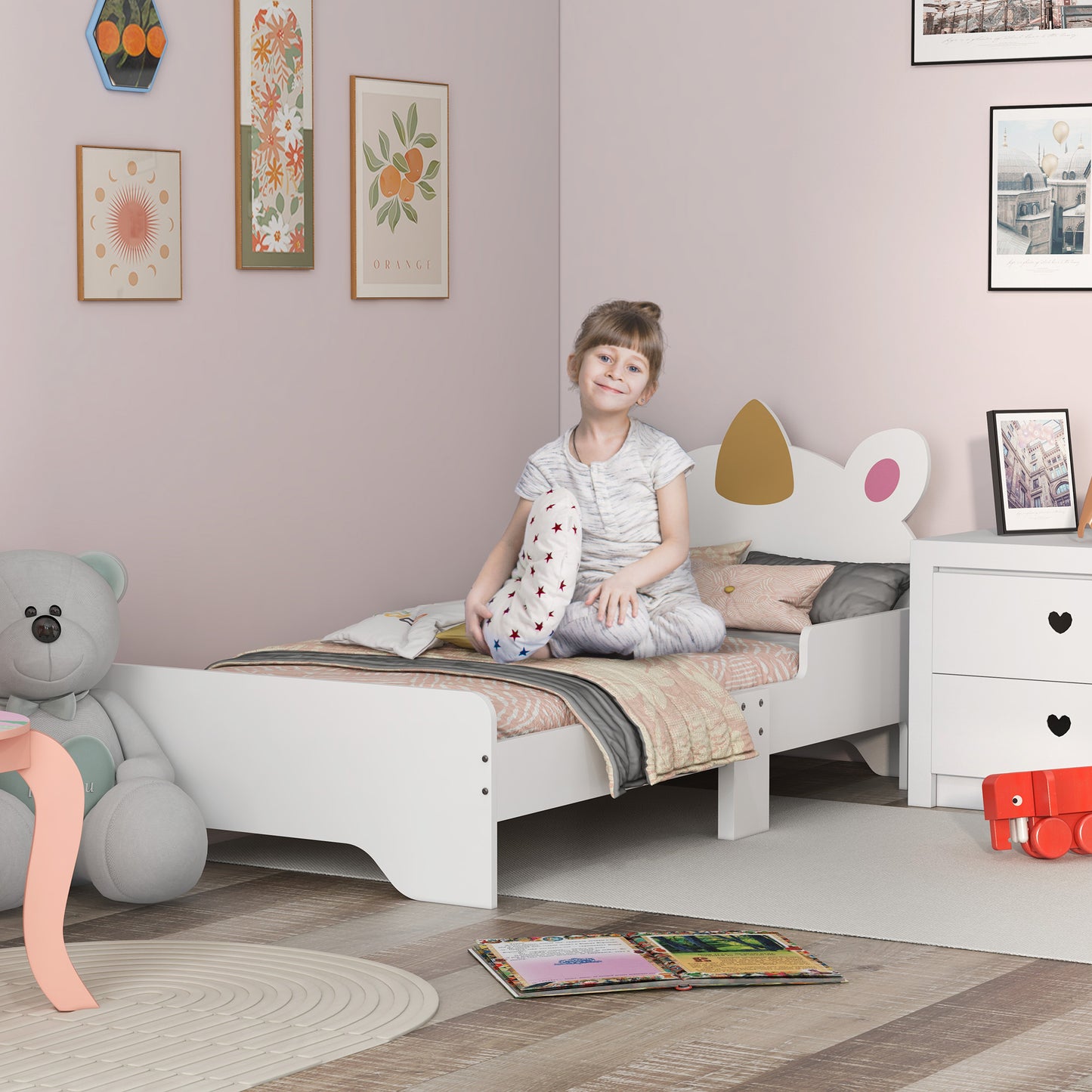 ZONEKIZ Cama para Niños de 3-6 Años 143x74x67 cm Cama Infantil de Madera en Forma de Unicornio Mueble de Dormitorio Moderno Carga 80 kg Blanco