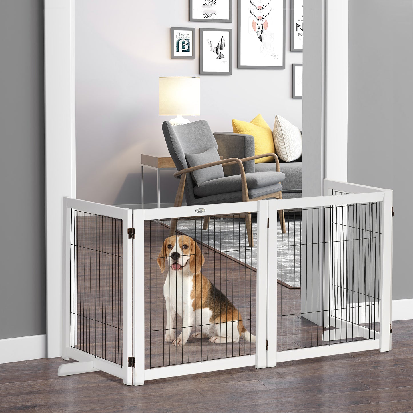 PawHut Barrera de Seguridad para Perros Plegable Barrera para Perros en Casa de 4 Paneles con Patas y Marco de Madera para Puertas Escaleras Pasillos 264x35,5x77 cm Blanco