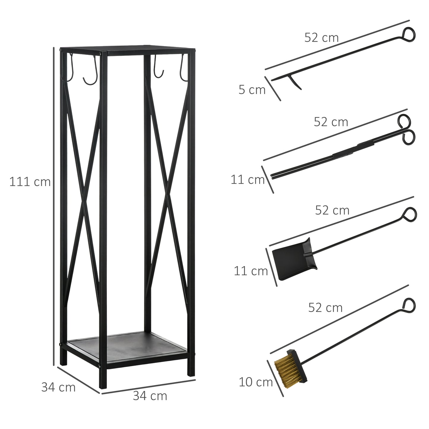 Outsunny Soporte para Leña Estante de Leña Metálico Leñero de Exterior con Ganchos Pala Cepillo Atizador y Tenazas Carga 65 kg 34x34x111 cm Negro