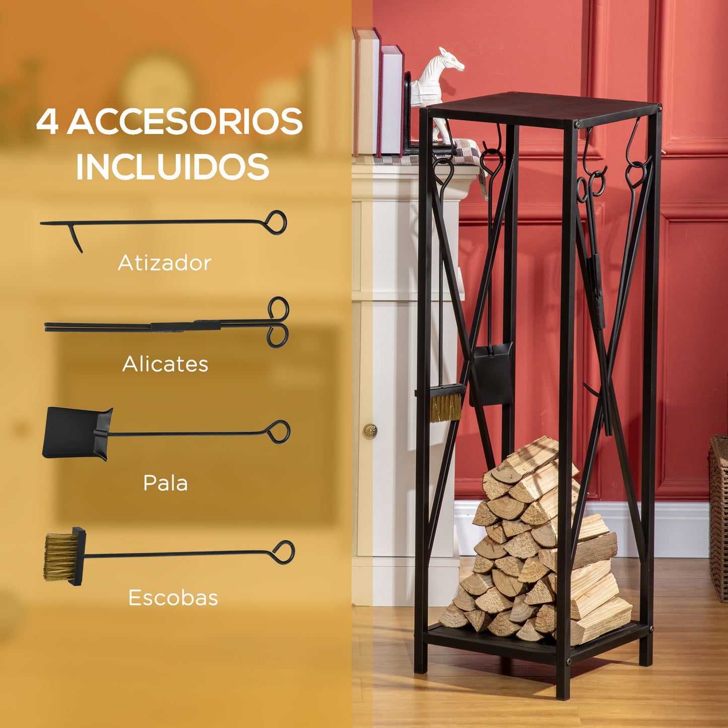 Outsunny Soporte para Leña Estante de Leña Metálico Leñero de Exterior con Ganchos Pala Cepillo Atizador y Tenazas Carga 65 kg 34x34x111 cm Negro