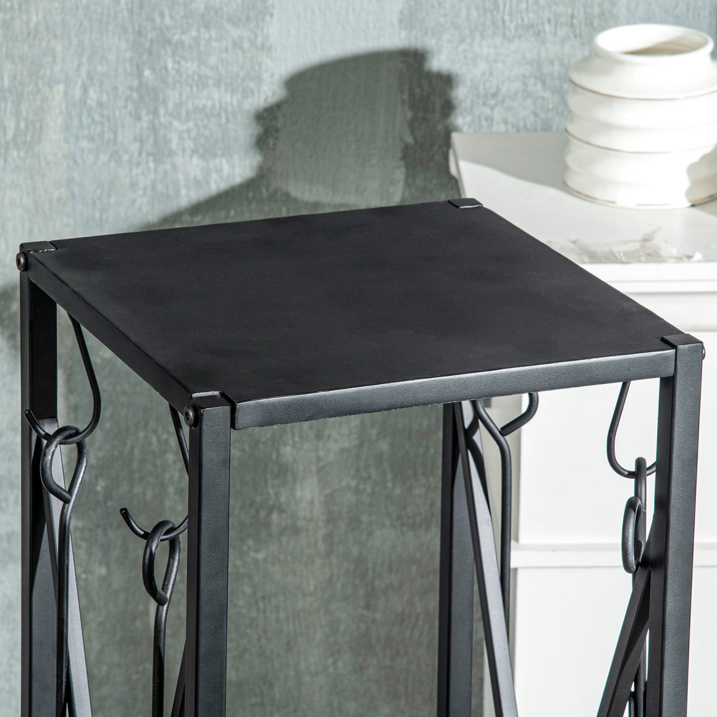 Outsunny Soporte para Leña Estante de Leña Metálico Leñero de Exterior con Ganchos Pala Cepillo Atizador y Tenazas Carga 65 kg 34x34x111 cm Negro