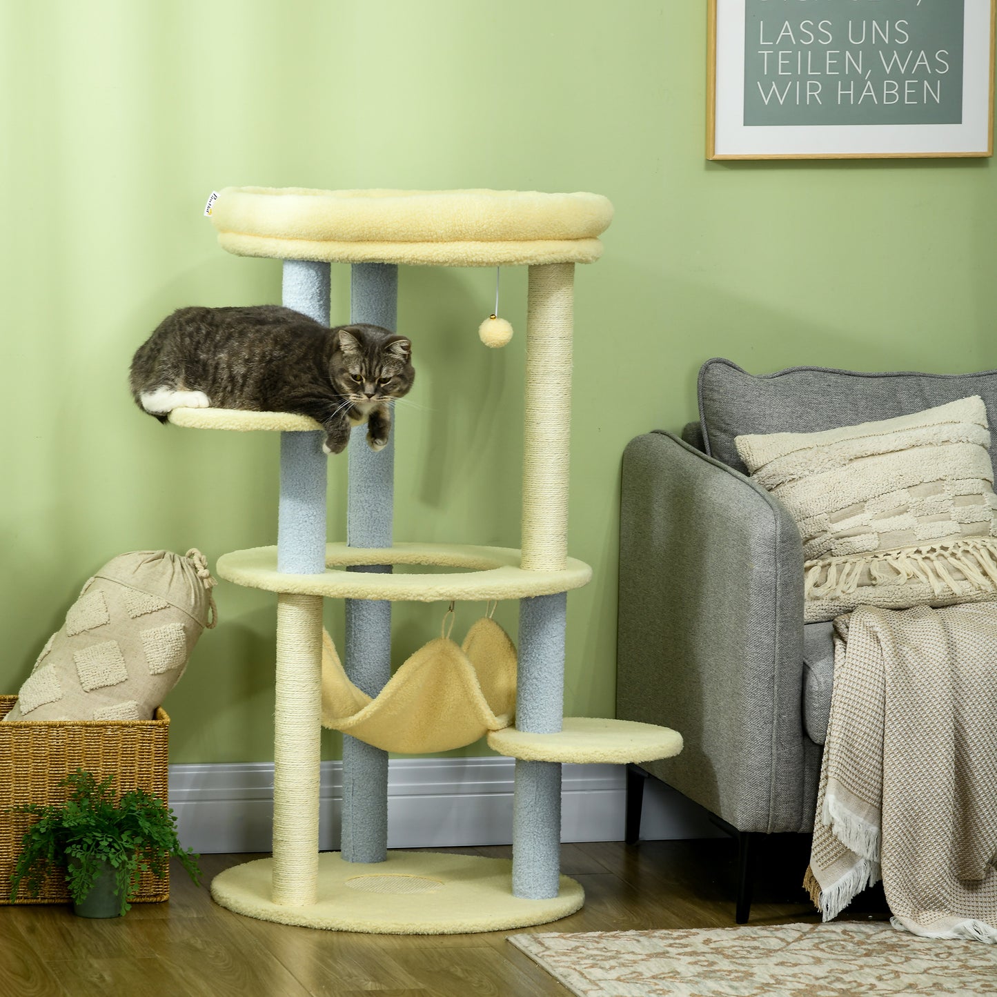 PawHut Árbol Rascador para Gatos Mediano 110 cm Torre para Gatos Centro de Actividades para Gatitos con Hamaca Poste de Sisal y Bola Colgante Ø58x110 cm Amarillo y Azul