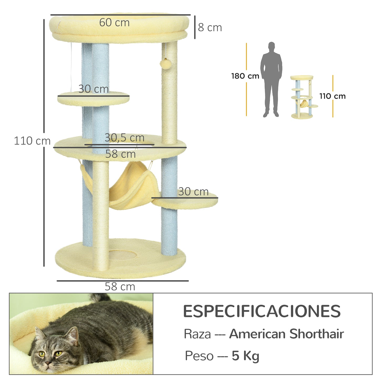 PawHut Árbol Rascador para Gatos Mediano 110 cm Torre para Gatos Centro de Actividades para Gatitos con Hamaca Poste de Sisal y Bola Colgante Ø58x110 cm Amarillo y Azul