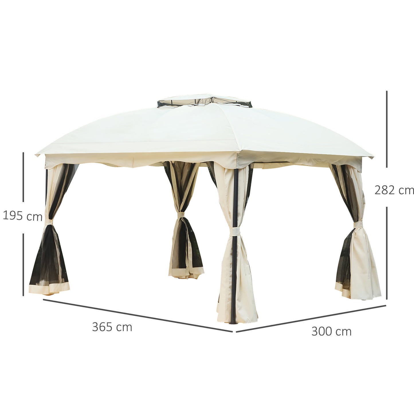 Outsunny Cenador de Jardín 3x3,7x2,8 m Gazebo Pabellón de Exterior con Techo 4 Paredes Laterales 4 Mosquiteras Gancho y Marco Metálico para Patio Crema