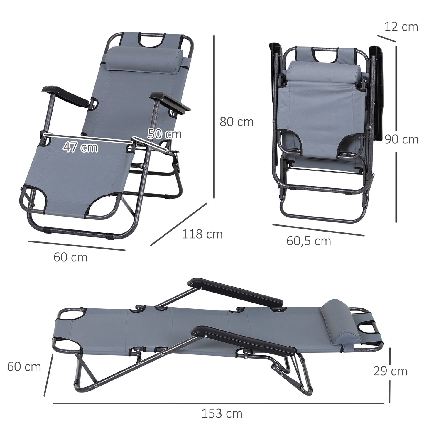 Outsunny Tumbona Reclinable y Plegable Tumbona de Jardín con Respaldo Ajustable en 2 Niveles Reposacabezas y Bolsillo Silla Tumbona para Terraza Carga 136 kg 118x60x80 cm Gris