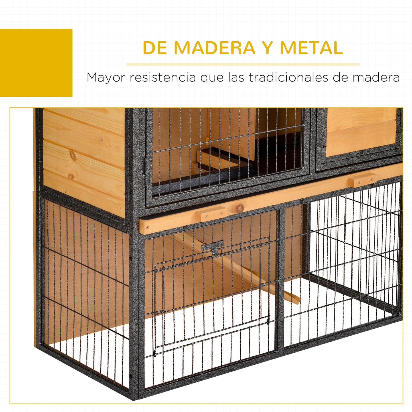 PawHut Conejera de Exterior de Madera Jaula para Mascotas Pequeñas 2 Niveles con Rampa Bandeja Extraíble Puertas con Cerraduras 89,5x45x81 cm Madera y Gris