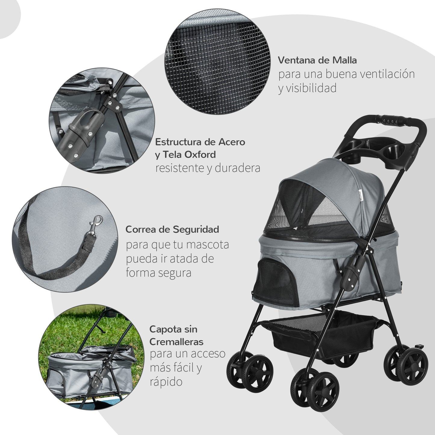 PawHut Cochecito para Perros Plegable Carrito para Perros Pequeños con Ruedas Universales Cesta de Almacenaje Correas de Seguridad y Ventanas 67x45x96 cm Gris