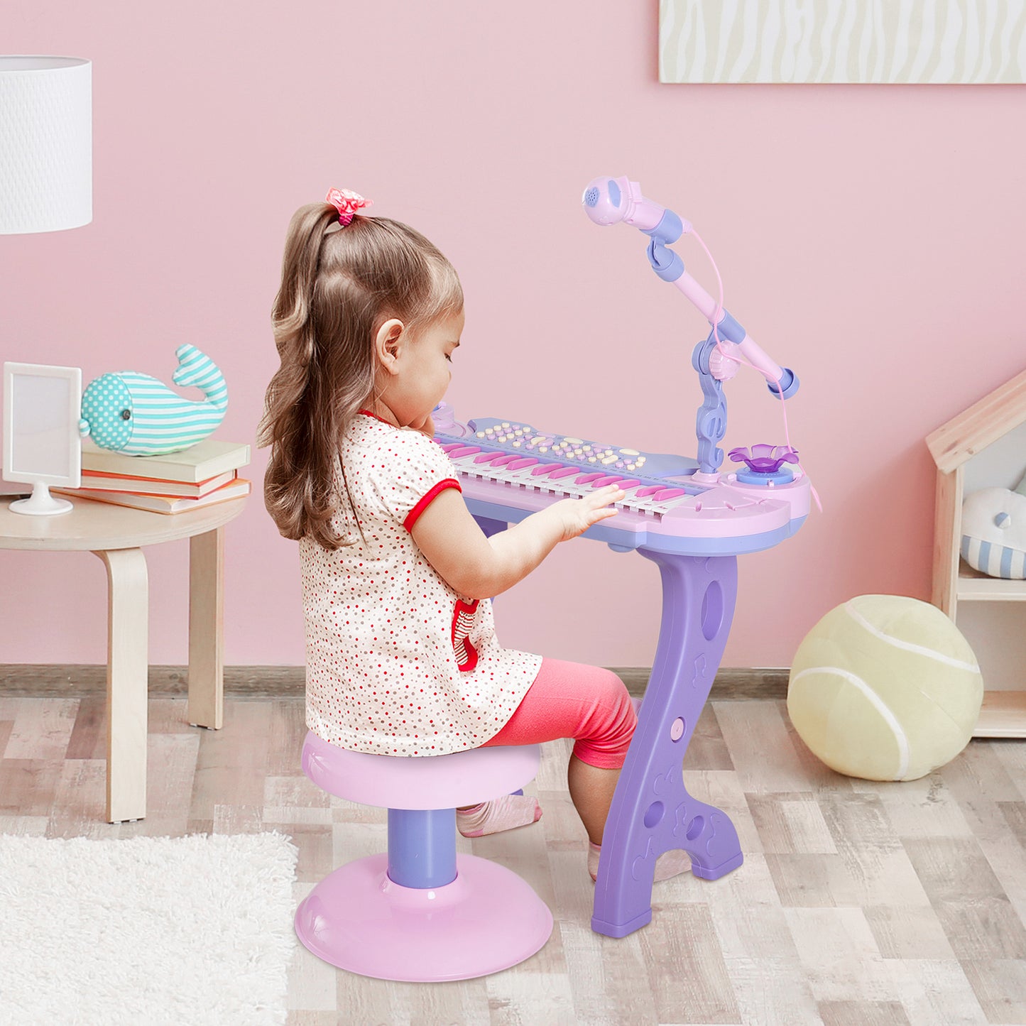 HOMCOM Piano Infantil 37 Teclas Teclado Electrónico Juego de Piano Regalo Juguete Educativo para Niños +3 Años con Micrófono Taburete Luces y 22 Canciones USB/MP3 Karaoke Rosa