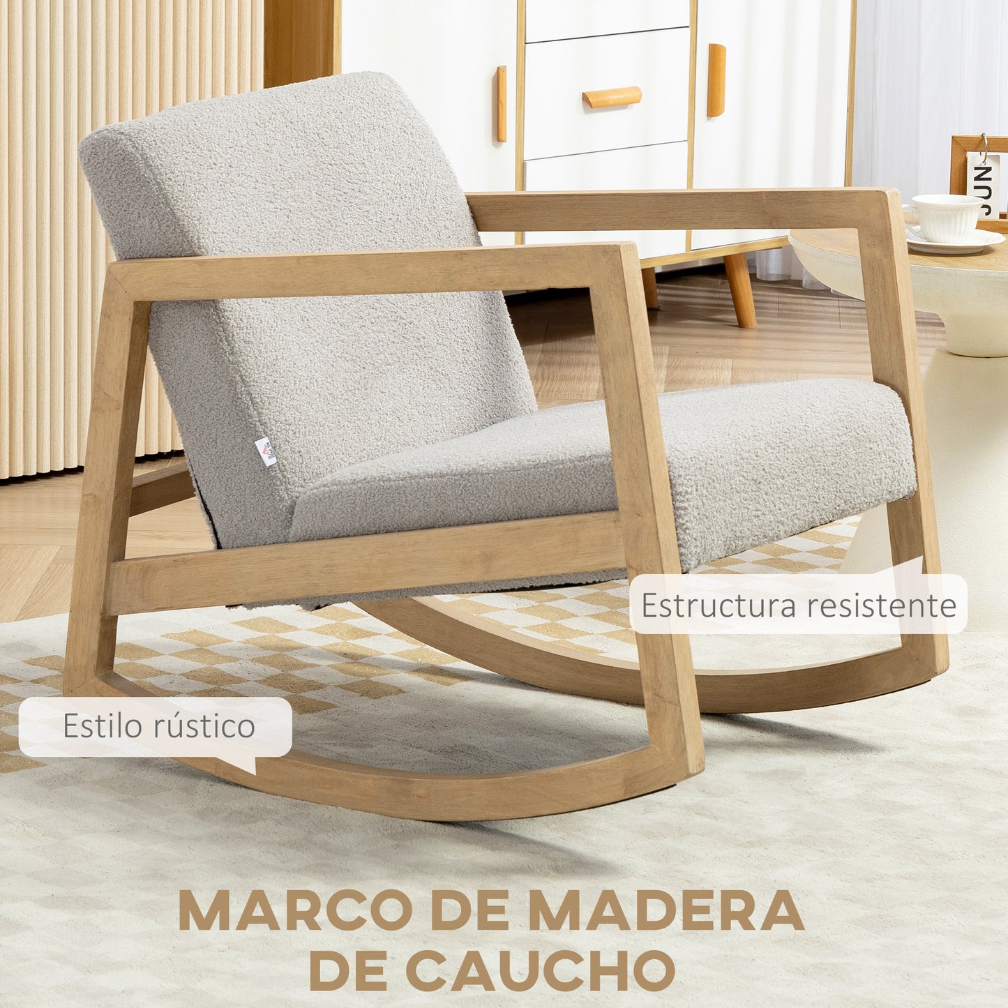 HOMCOM Mecedora Tapizada en Borreguito Silla Mecedora con Patas de Madera de Caucho y Reposabrazos Mecedora para Lactancia Carga 150 kg para Dormitorio Salón Gris