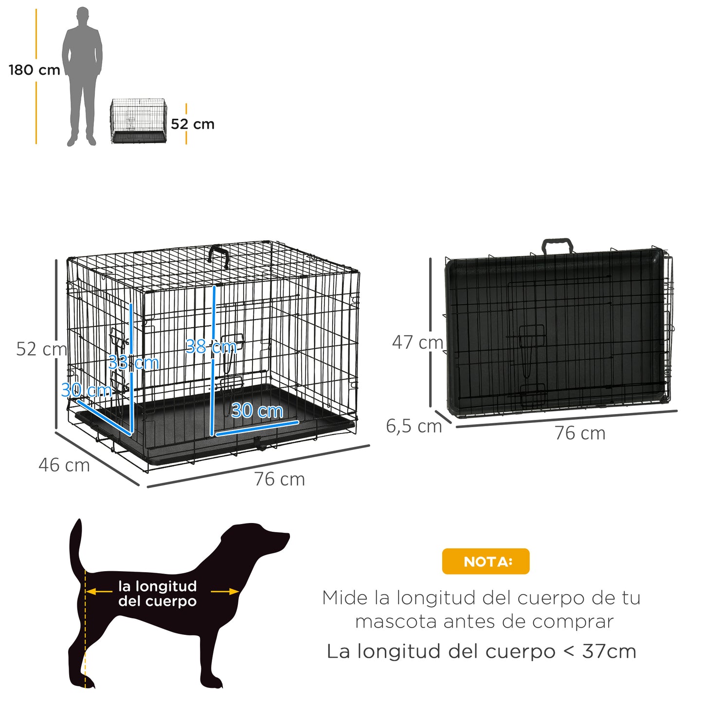 PawHut Jaula para Perros Plegable Transportín para Perros con 2 Puertas Bandeja Extraíble y Asa de Transporte 76x46x52 cm Negro