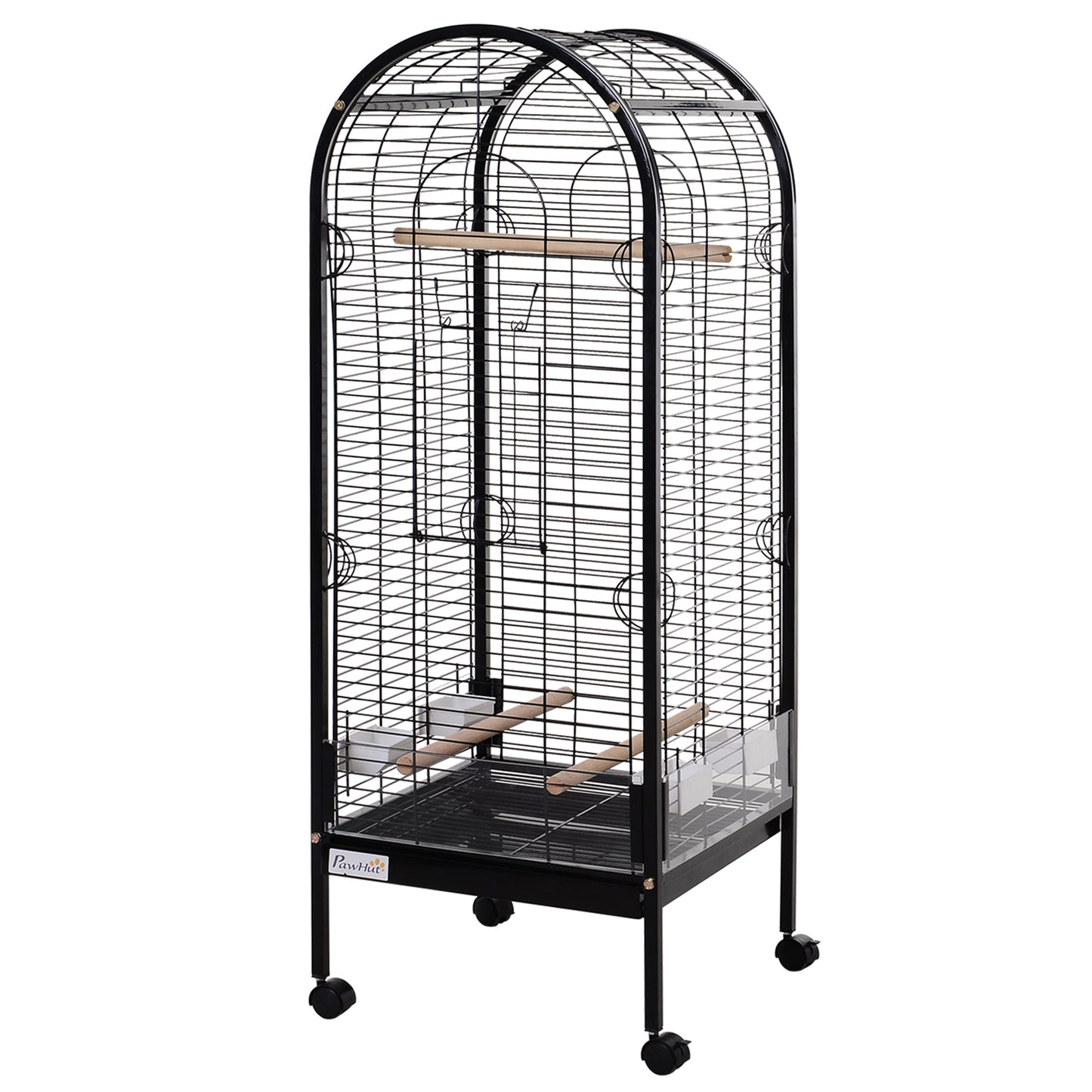 PawHut Jaula para Pájaro Metálica con 3 Perchas de Madera Extraíbles Espaciosa para Loros Canarios Cotorra Papagayo con 4 Ruedas 54x54x151 cm Negro