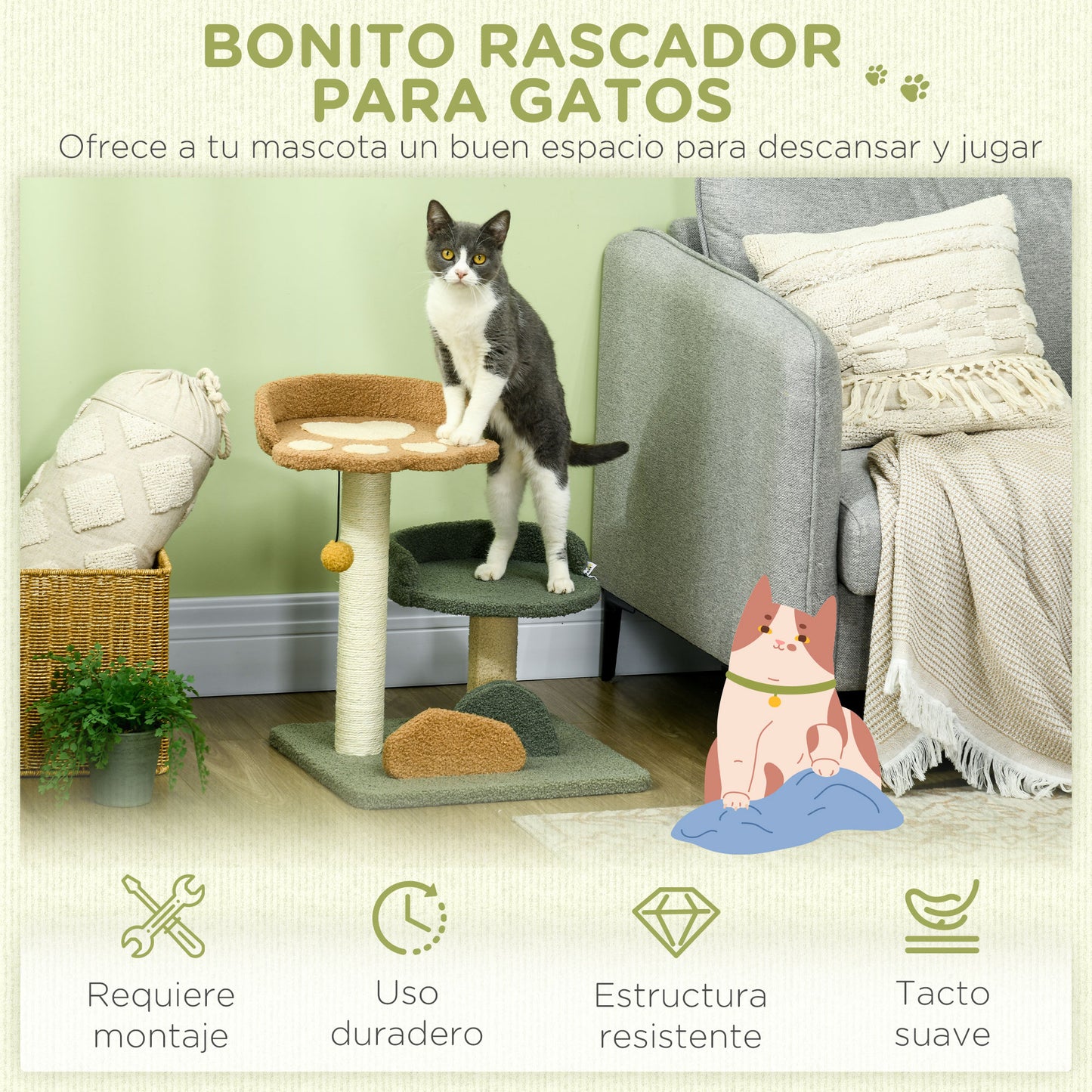 PawHut Árbol Rascador para Gatos Pequeño de 52 cm Torre para Gatos Centro de Actividades para Gatitos con Cama Poste de Sisal y Bola Colgante 43x39x52 cm Multicolor