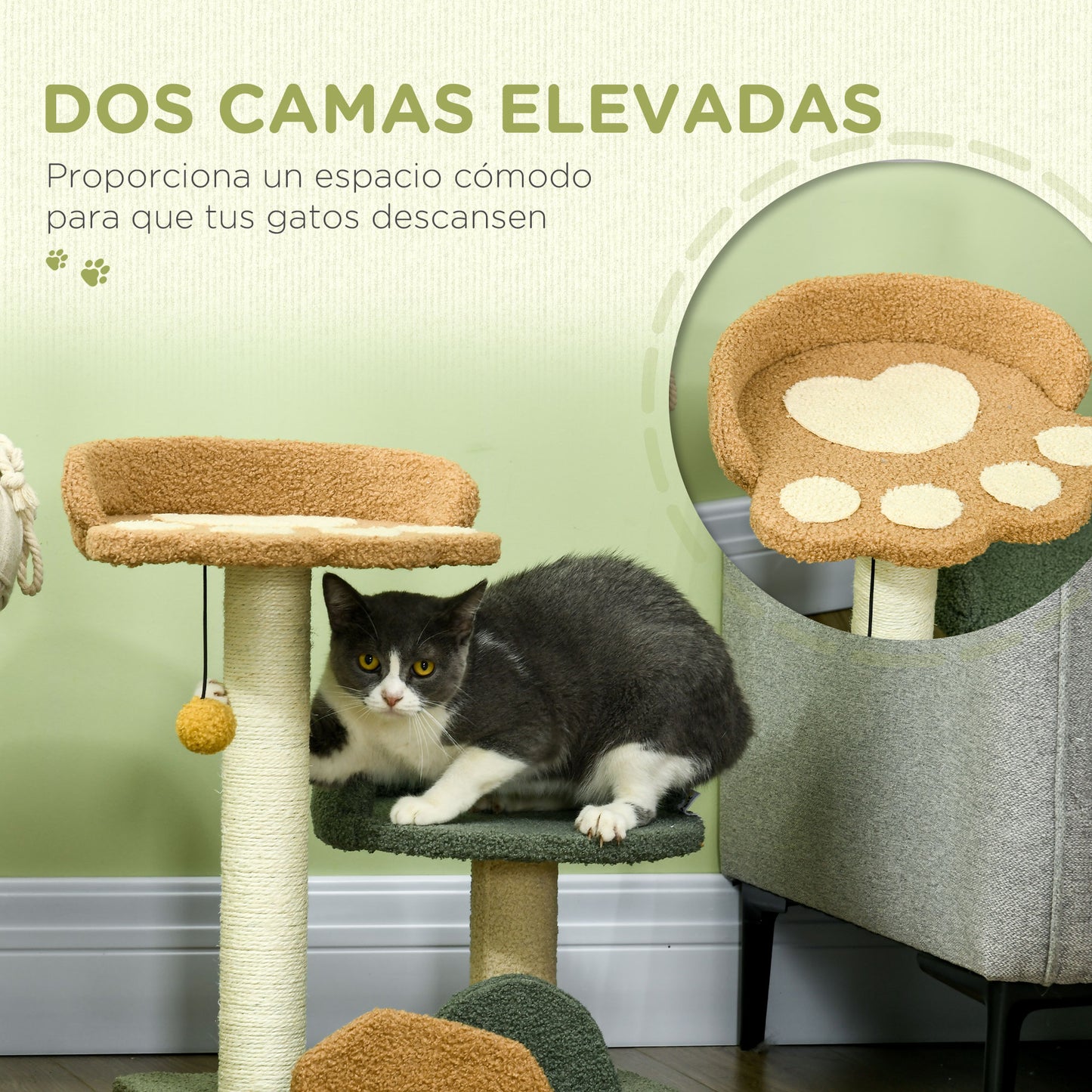 PawHut Árbol Rascador para Gatos Pequeño de 52 cm Torre para Gatos Centro de Actividades para Gatitos con Cama Poste de Sisal y Bola Colgante 43x39x52 cm Multicolor