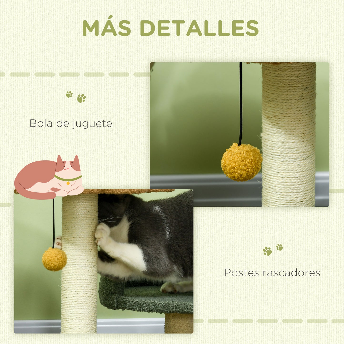 PawHut Árbol Rascador para Gatos Pequeño de 52 cm Torre para Gatos Centro de Actividades para Gatitos con Cama Poste de Sisal y Bola Colgante 43x39x52 cm Multicolor