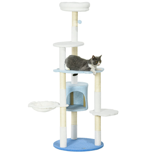 PawHut Árbol Rascador para Gatos Grandes de 155 cm Torre para Gatos de Interior con Postes de Sisal Cueva Cama Hamaca y Bola de Juguete Ø54,5x155 cm Blanco y Azul