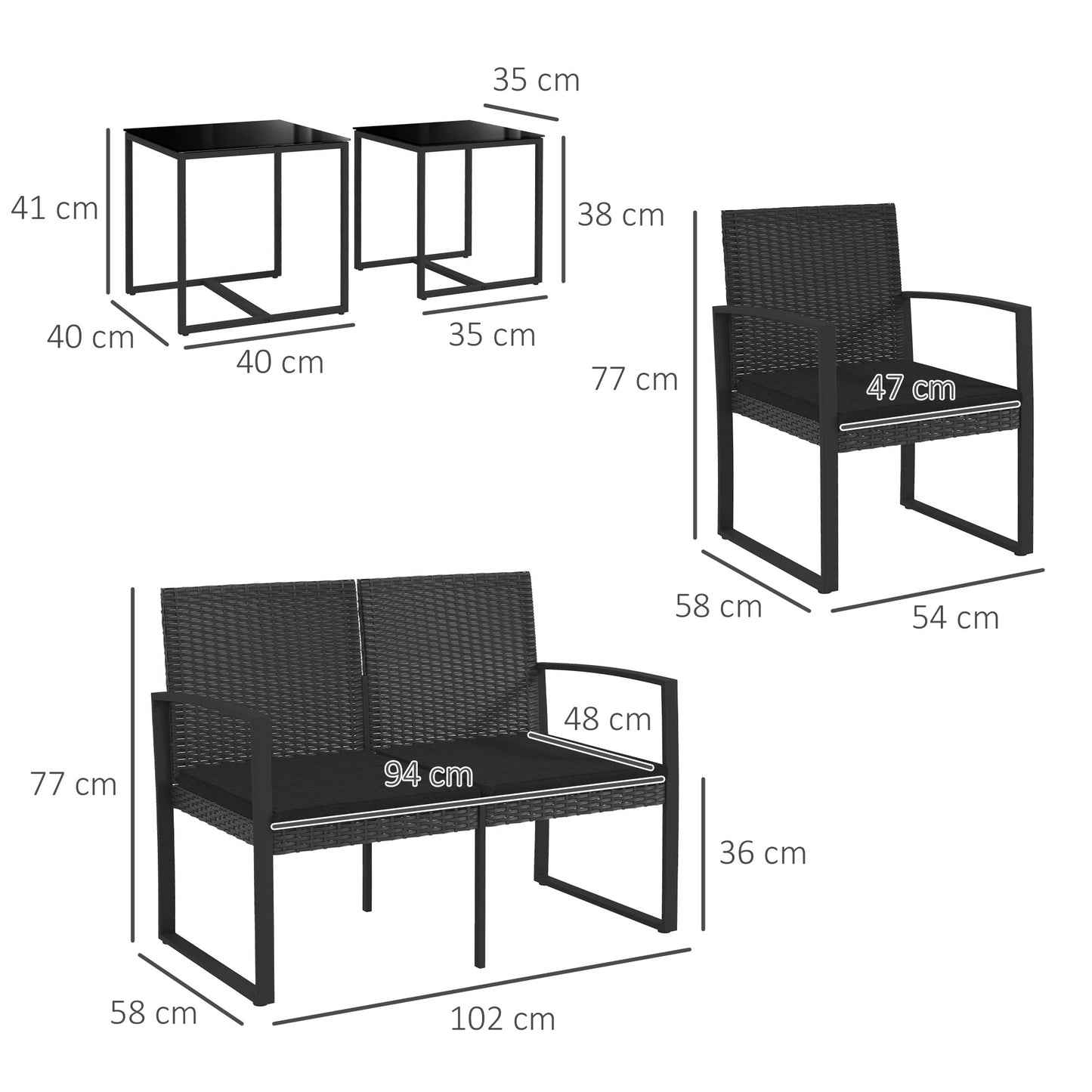 Outsunny Conjunto de Muebles de Jardín de Ratán Sintético Juego de Sofás Exterior de 5 Piezas con 2 Sofás Individuales 1 Sofá Doble y 2 Mesas de Centro para Patio Terraza Negro