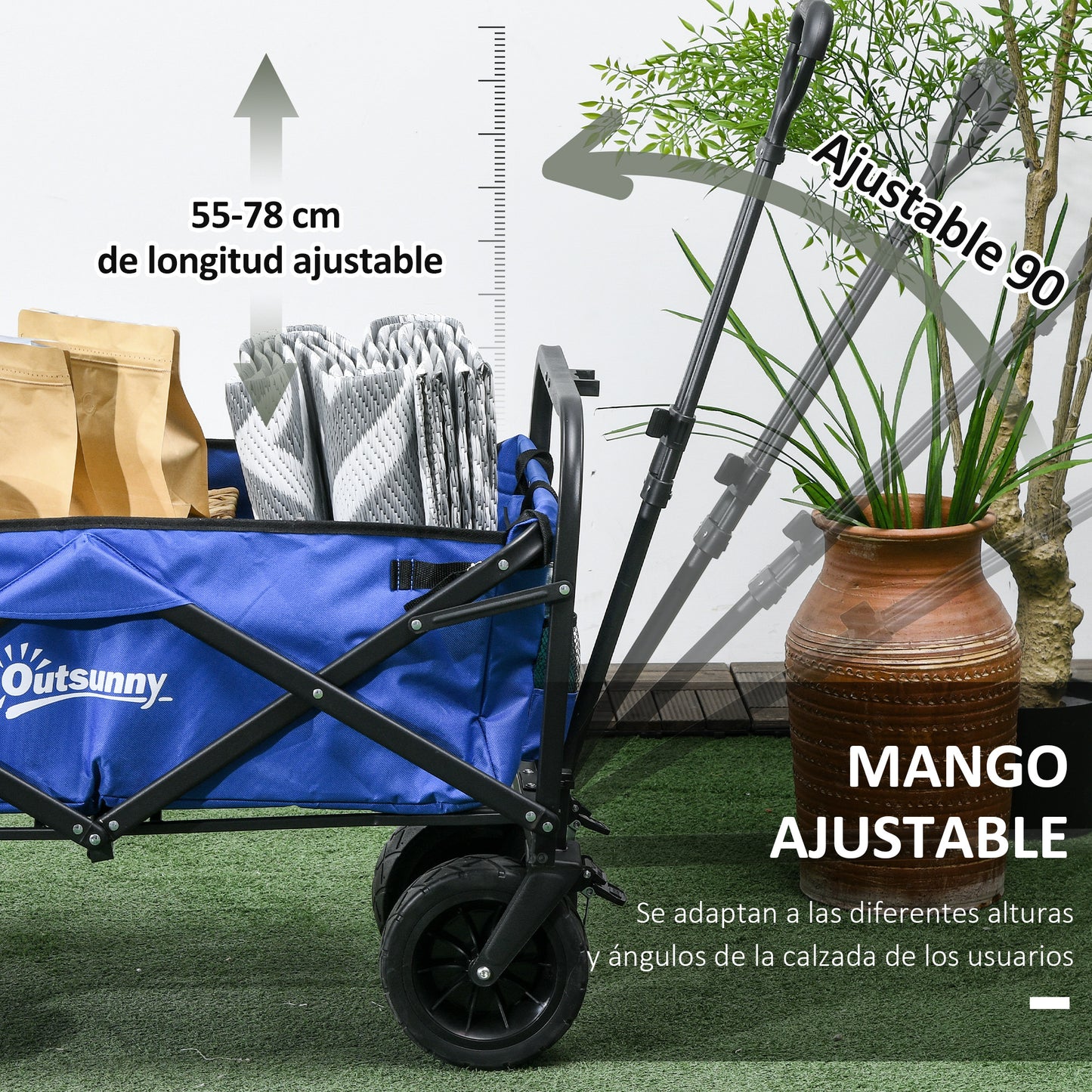 Outsunny Carro de Jardín Carro Plegable con Longitud y Ángulo del Mango Ajustables y Bolsa de Transporte Carga 100 kg para Playa Azul Oscuro