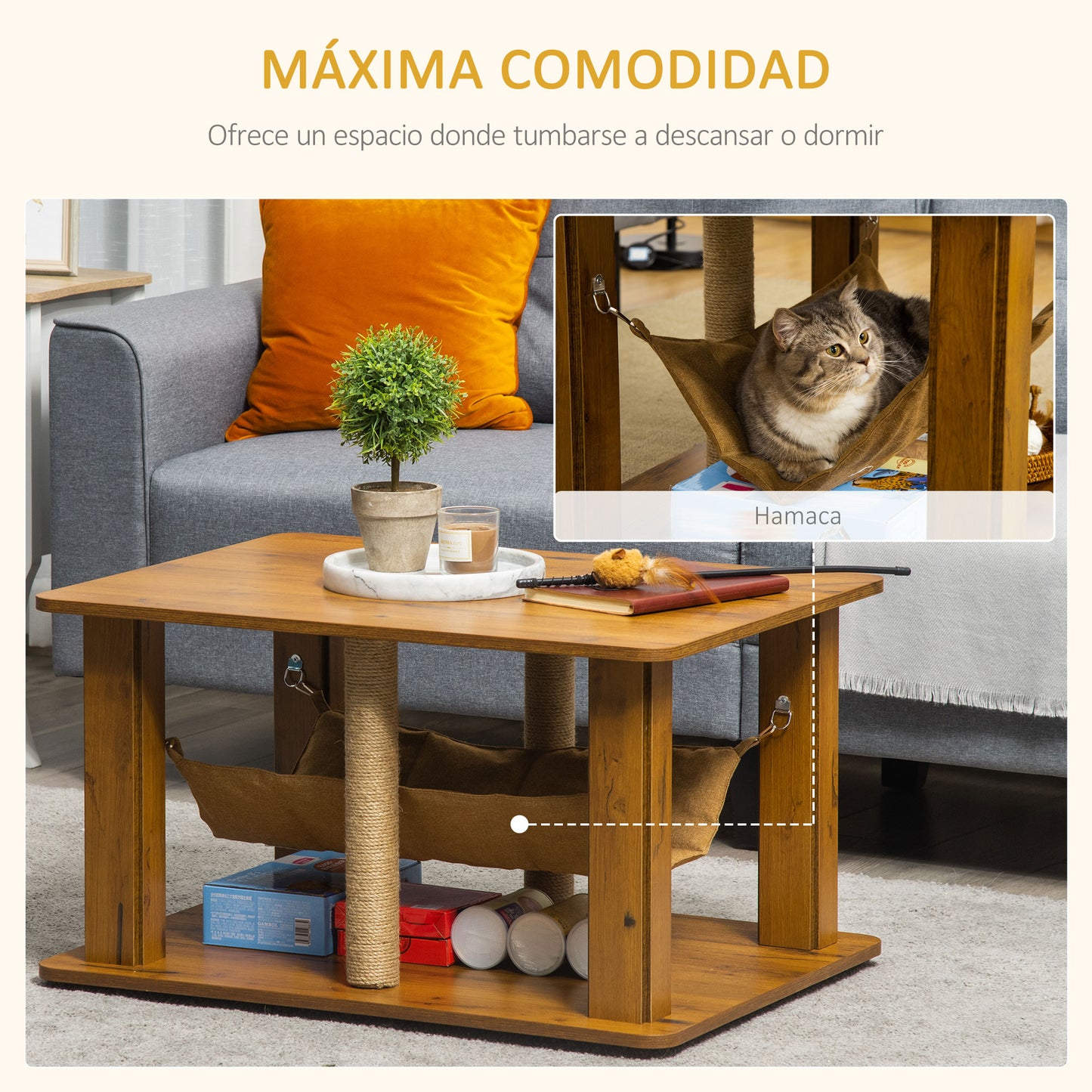 PawHut Mesa de Centro Hamaca para Gatos con 2 Postes Rascadores de Yute y Estante Inferior de Almacenaje 79x59x45,5 cm Marrón