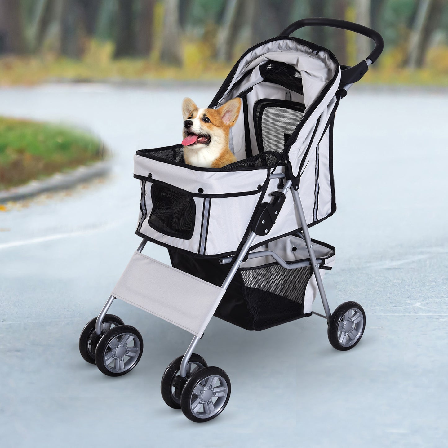 PawHut Carrito para Perros Plegable Cochecito para Mascotas Carrito para Perros Pequeños con Toldo Ajustable Cesta de Almacenaje Ventanas de Malla Portavasos y 2 Ruedas Universales 75x45x97 cm Gris