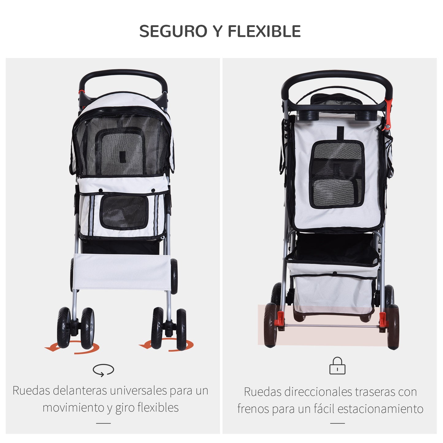 PawHut Carrito para Perros Plegable Cochecito para Mascotas Carrito para Perros Pequeños con Toldo Ajustable Cesta de Almacenaje Ventanas de Malla Portavasos y 2 Ruedas Universales 75x45x97 cm Gris