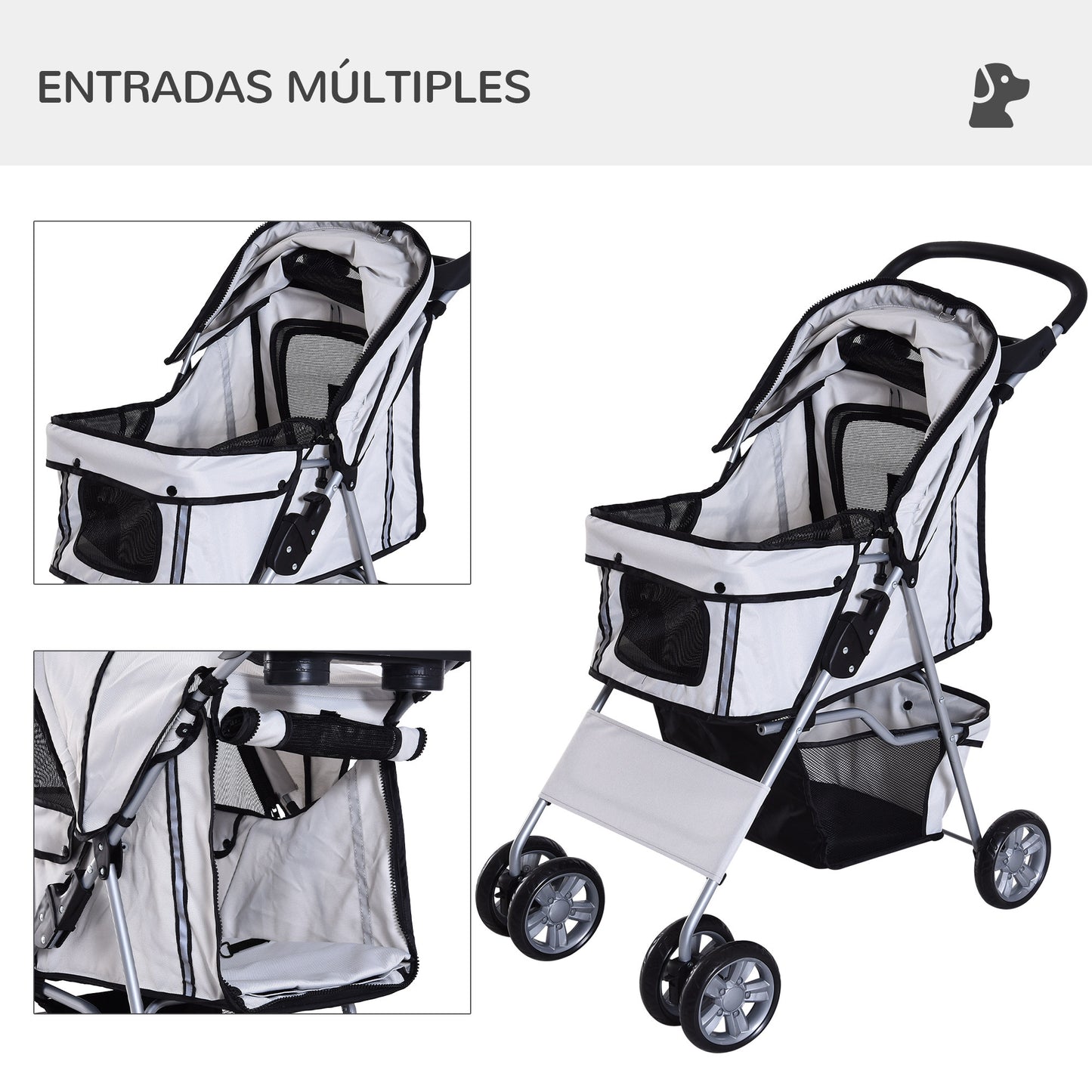 PawHut Carrito para Perros Plegable Cochecito para Mascotas Carrito para Perros Pequeños con Toldo Ajustable Cesta de Almacenaje Ventanas de Malla Portavasos y 2 Ruedas Universales 75x45x97 cm Gris