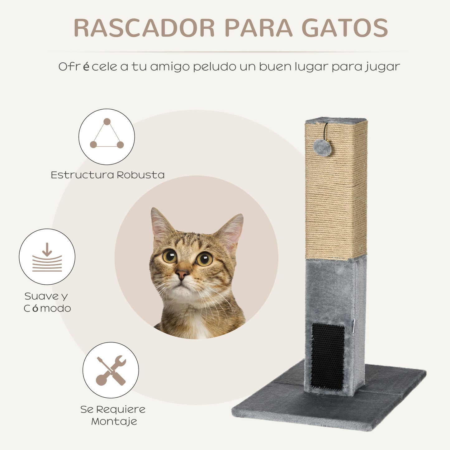 PawHut Poste Rascador para Gatos 79 cm Rascador para Gatos Arañador para Gatos con Bola Colgante Cascabel y Poste de Yute 59,5x39x79 cm Gris