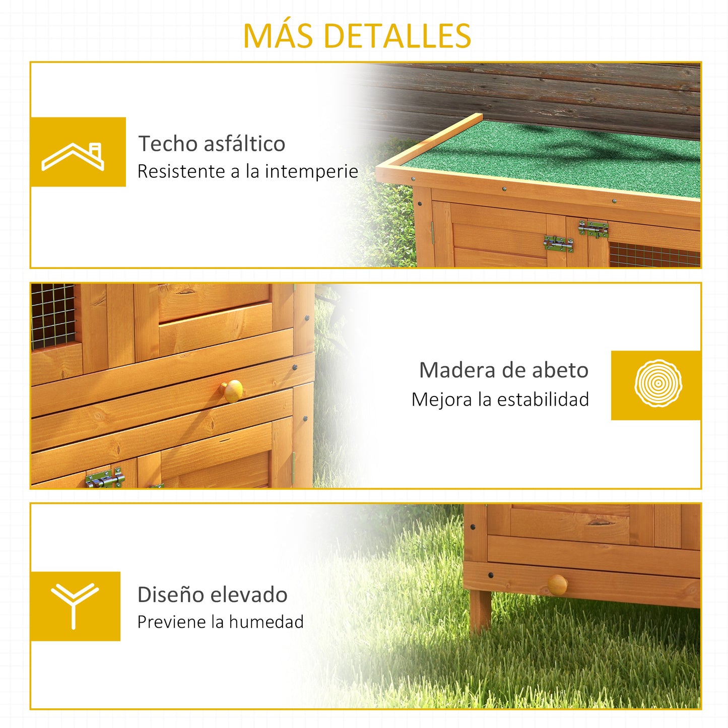 PawHut Conejera de Madera Exterior de 2 Niveles Jaula para 1-2 Conejos Mascotas Pequeñas con Techo Asfáltico Abrible y 2 Bandejas Extraíbles 90x45x90 cm Madera Natural