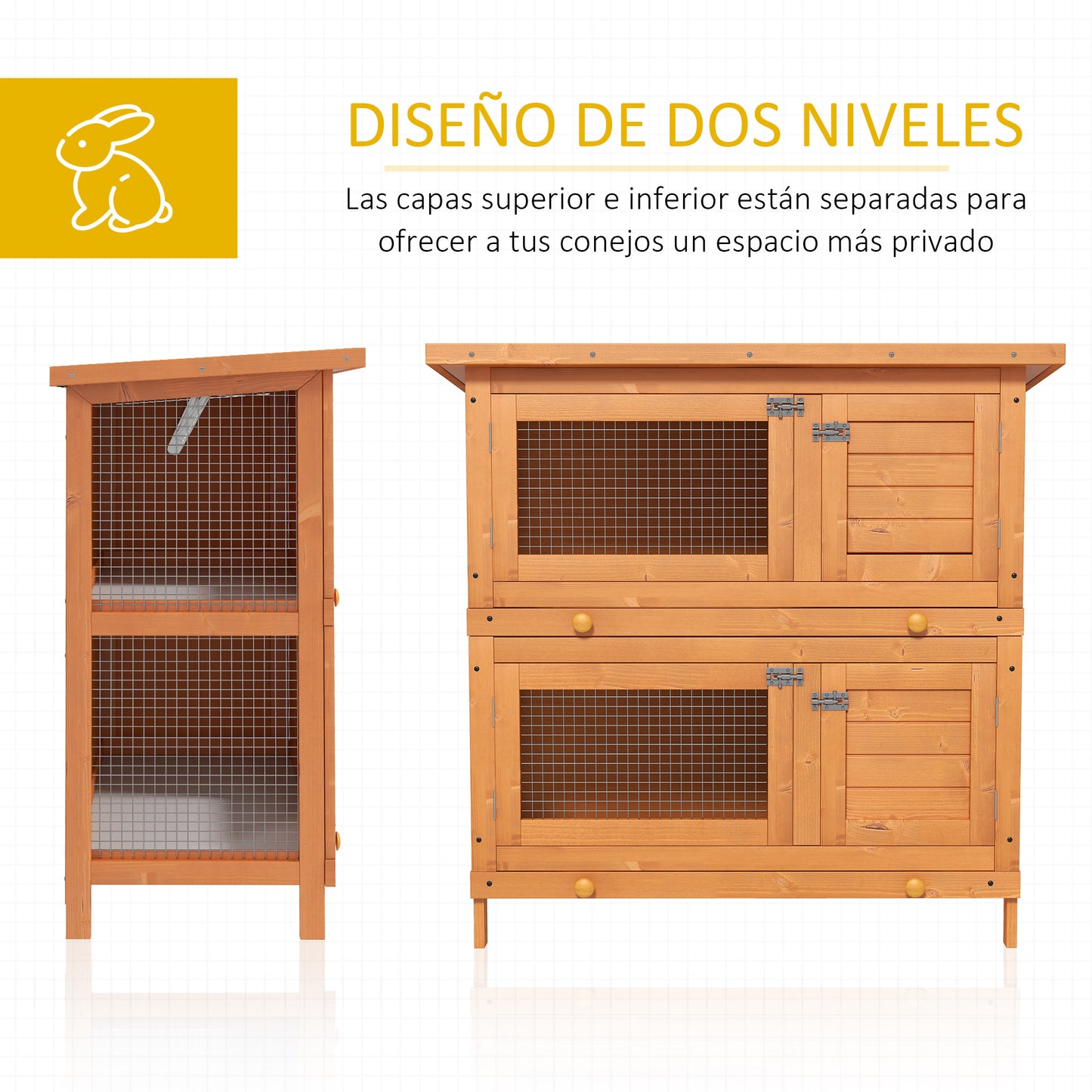 PawHut Conejera de Madera Exterior de 2 Niveles Jaula para 1-2 Conejos Mascotas Pequeñas con Techo Asfáltico Abrible y 2 Bandejas Extraíbles 90x45x90 cm Madera Natural